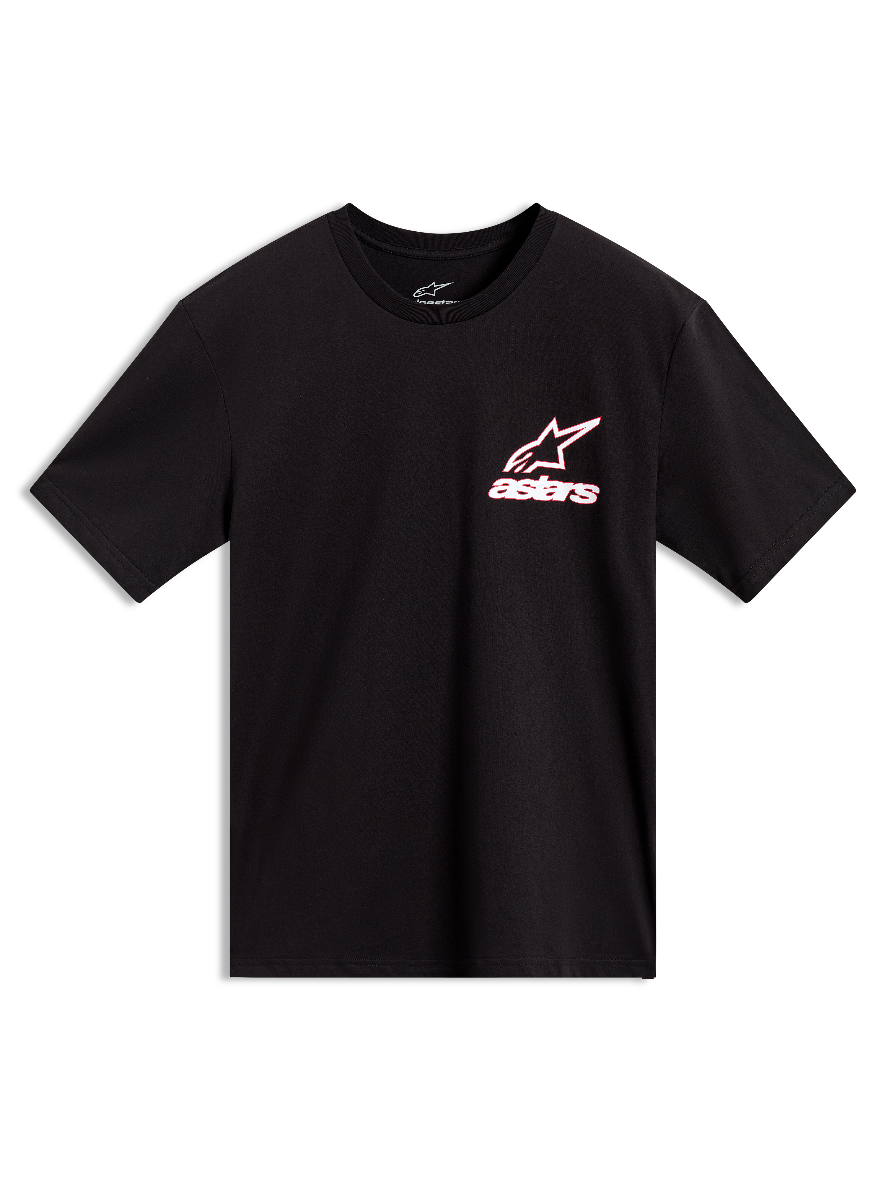 Alpinestars Lineout CSF Tee, Kurzarm-T-Shirt in Schwarz mit weiß-rot umrandetem Astars-Logo auf der Brust.