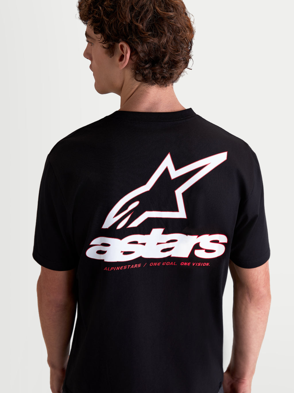 Alpinestars Lineout CSF T-Shirt, Kurzarm-Sportswear-T-Shirt für Herren, Schwarz mit großem weißem und rotem Astars-Logo sowie Tagline-Grafik auf dem Rücken, Baumwoll-Polyester-Mischgewebe.