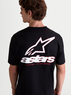 Alpinestars Lineout CSF T-Shirt, Kurzarm-Sportswear-T-Shirt für Herren, Schwarz mit großem weißem und rotem Astars-Logo sowie Tagline-Grafik auf dem Rücken, Baumwoll-Polyester-Mischgewebe.
