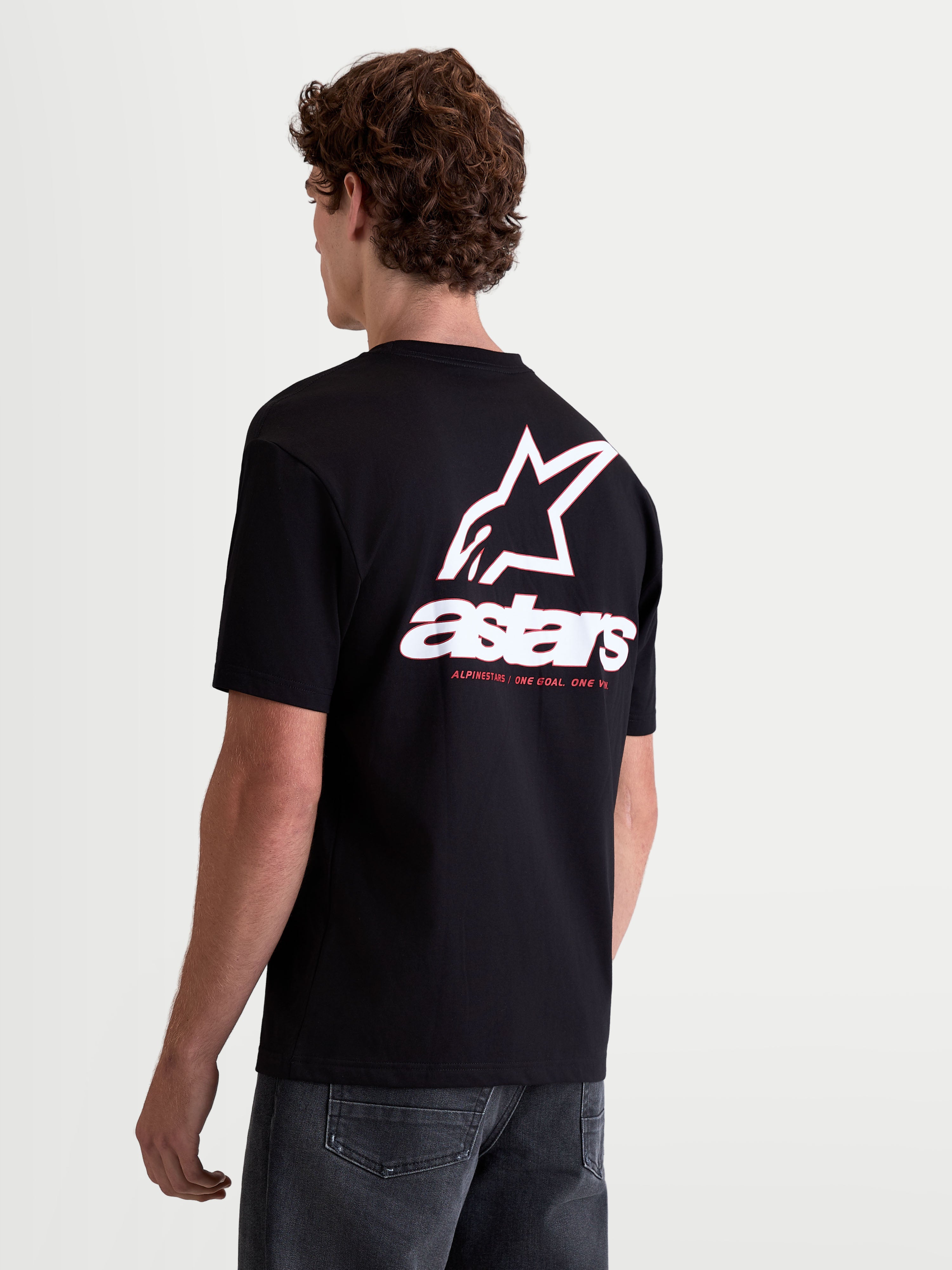 Alpinestars Lineout CSF T-Shirt, Herren-Kurzarm-T-Shirt, Schwarz, mit großer weißer Astars-Rückenlogografik und roten Akzenten, hochwertige Baumwoll-Polyester-Mischung, Sportswear.