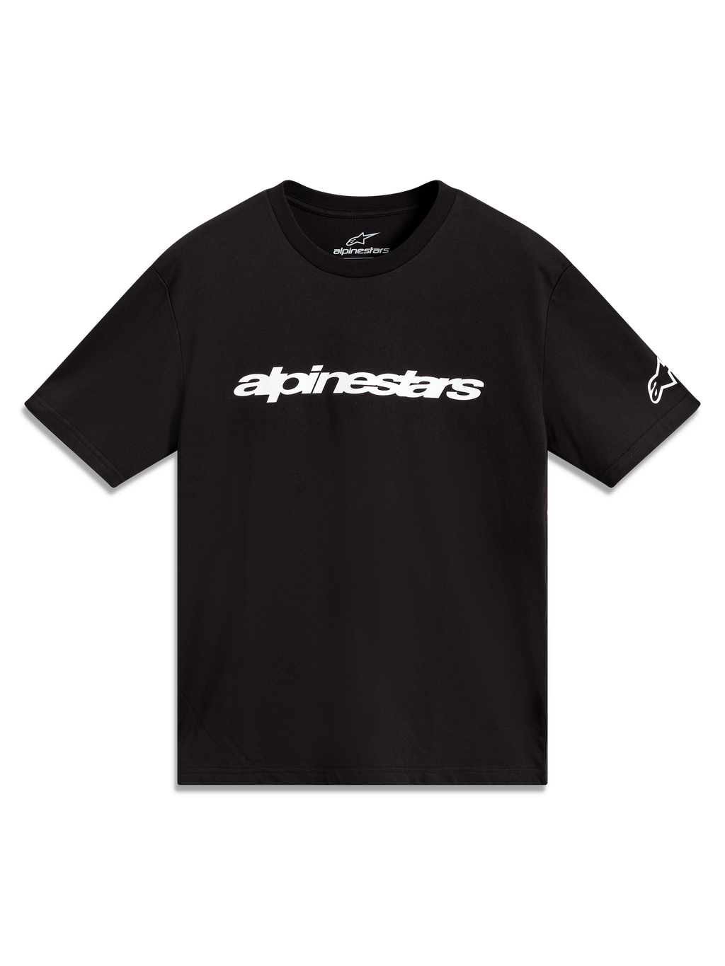 Alpinestars Race Wordmark CSF Tee, schwarzes Kurzarm-T-Shirt mit weißem linearem Logo und Ärmelgrafik.
