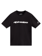 Alpinestars Race Wordmark CSF Tee, schwarzes Kurzarm-T-Shirt mit weißem linearem Logo und Ärmelgrafik.