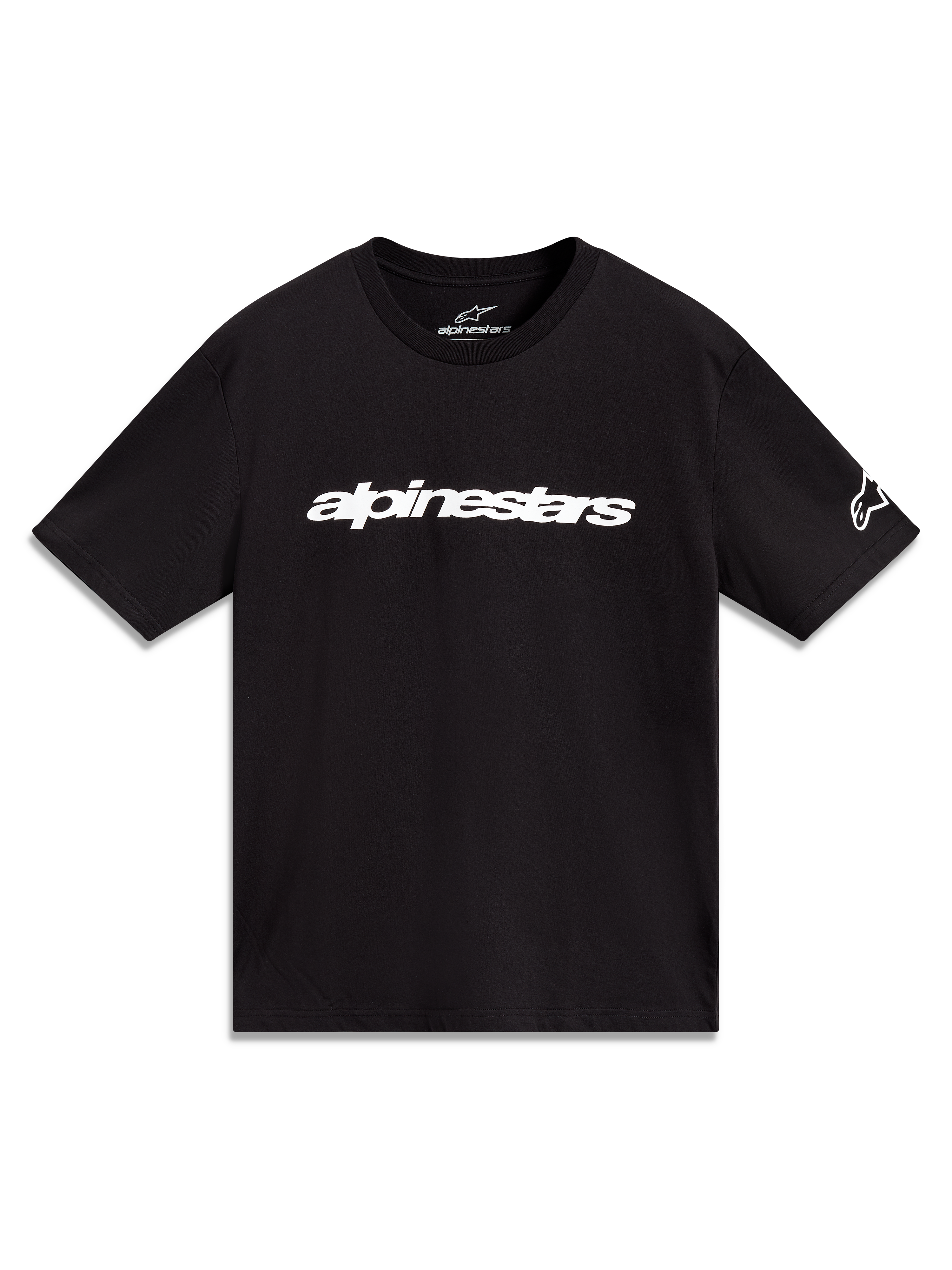 Alpinestars Race Wordmark CSF Tee, schwarzes Kurzarm-T-Shirt mit weißem linearem Logo und Ärmelgrafik.