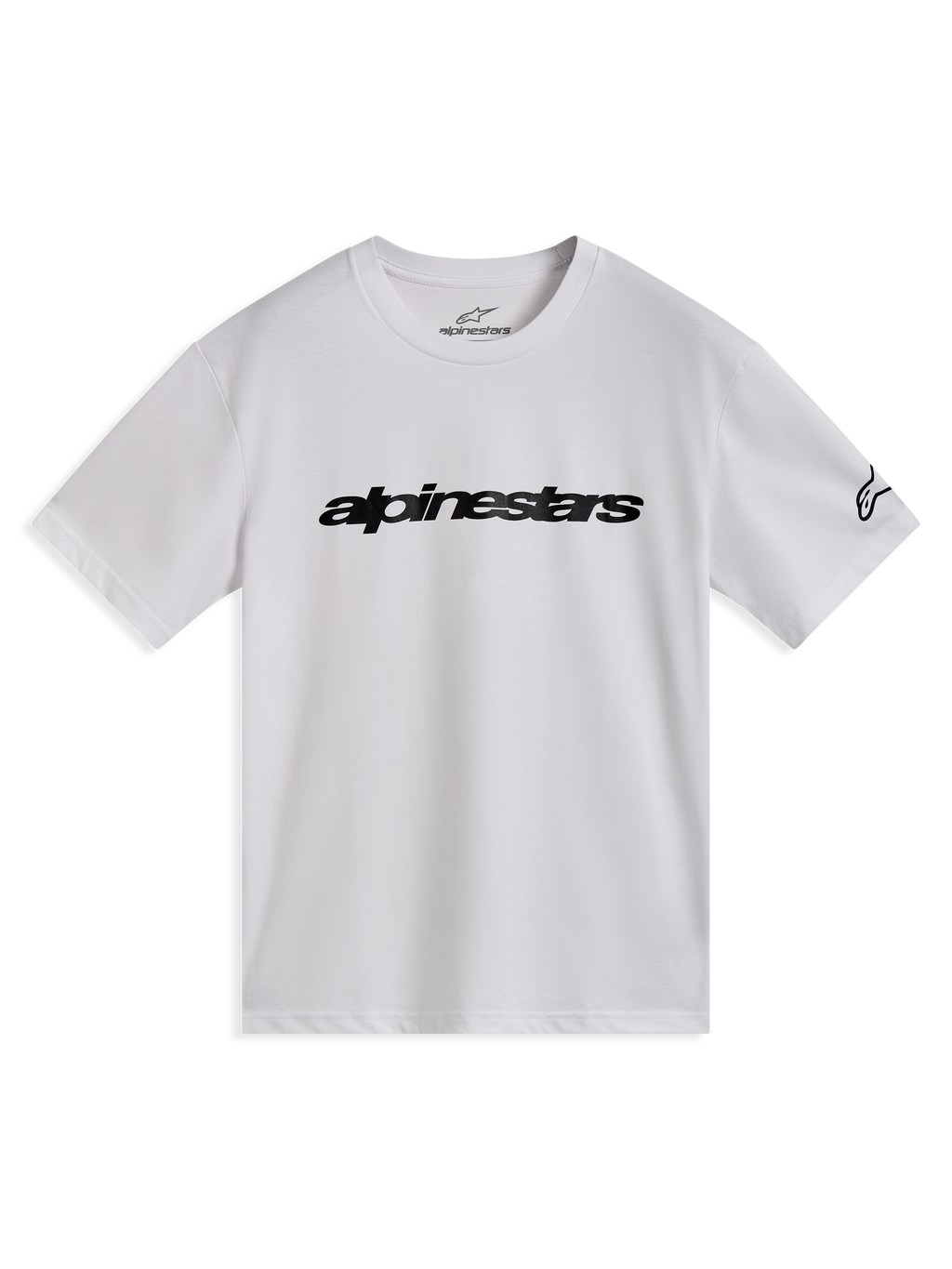 Alpinestars Race Wordmark CSF T-Shirt, weißes Kurzarm-T-Shirt mit schwarzem linearem Wort-Logo auf der Brust und Ageless-Logo am Ärmel, lässige Motorsport-Sportbekleidung