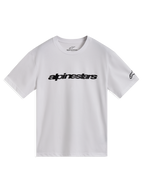 Alpinestars Race Wordmark CSF T-Shirt, weißes Kurzarm-T-Shirt mit schwarzem linearem Wort-Logo auf der Brust und Ageless-Logo am Ärmel, lässige Motorsport-Sportbekleidung