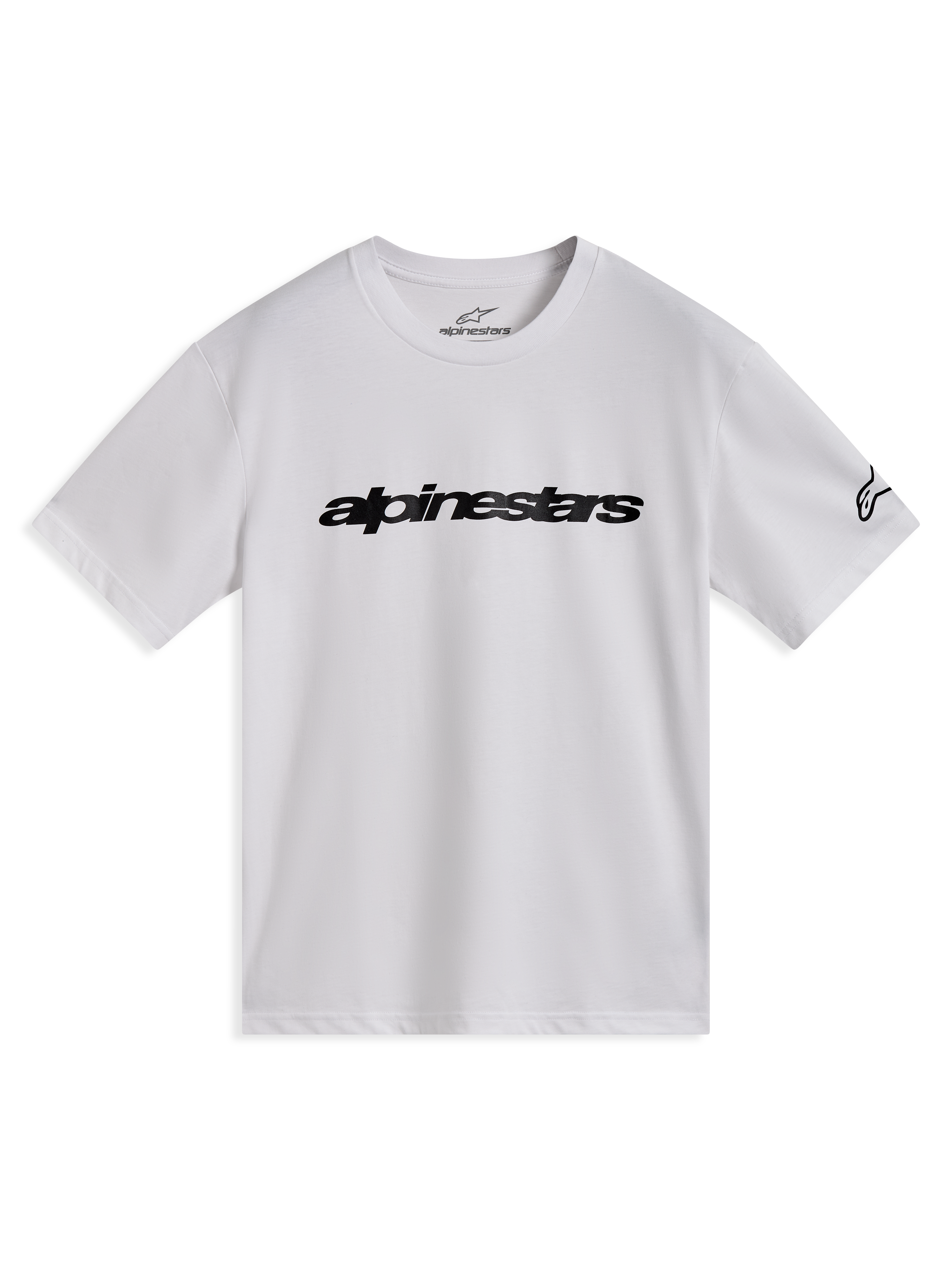 Alpinestars Race Wordmark CSF T-Shirt, weißes Kurzarm-T-Shirt mit schwarzem linearem Wort-Logo auf der Brust und Ageless-Logo am Ärmel, lässige Motorsport-Sportbekleidung