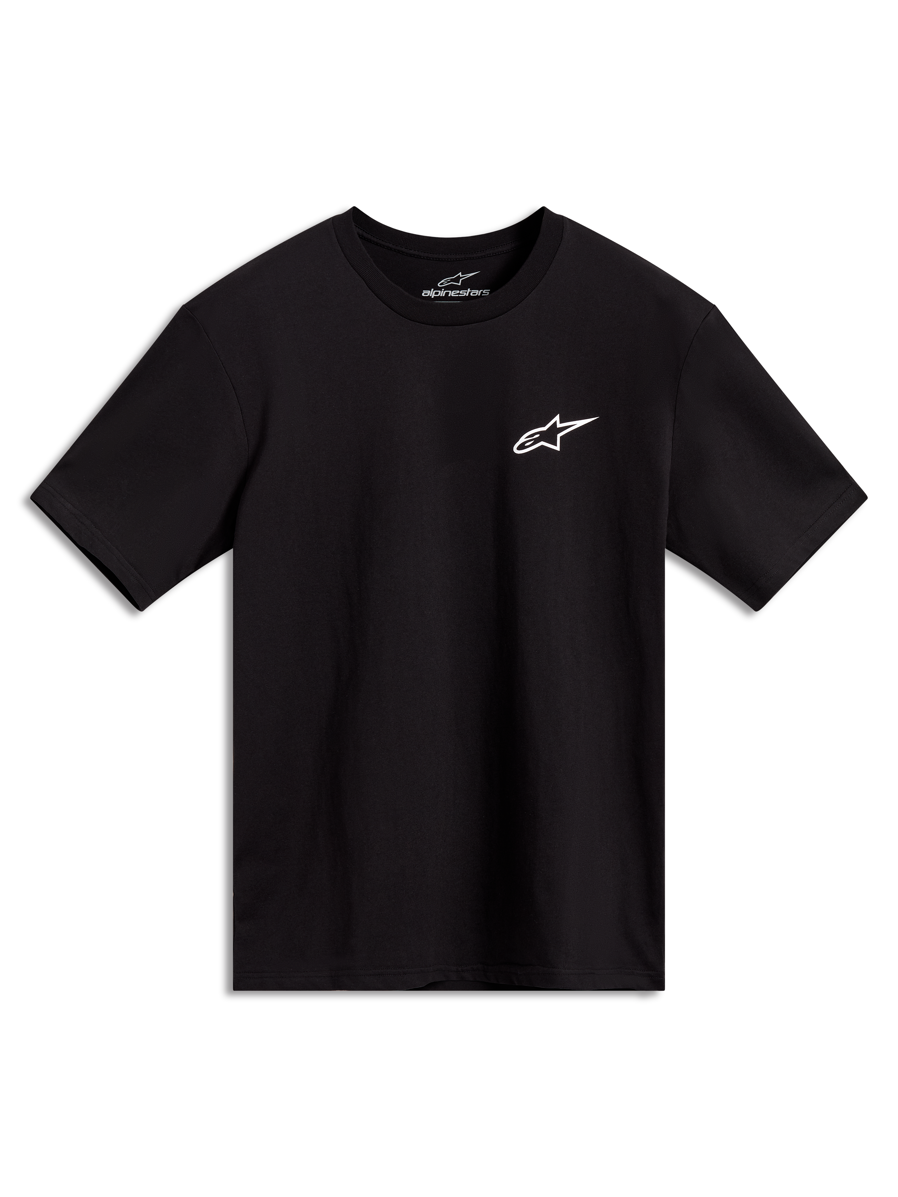 Alpinestars Combo Back CSF Kurzarm-T-Shirt, schwarzes Sportswear-Oberteil mit kleinem weißem Astars-Logo auf der Brust, lässige Motorsport-Streetwear