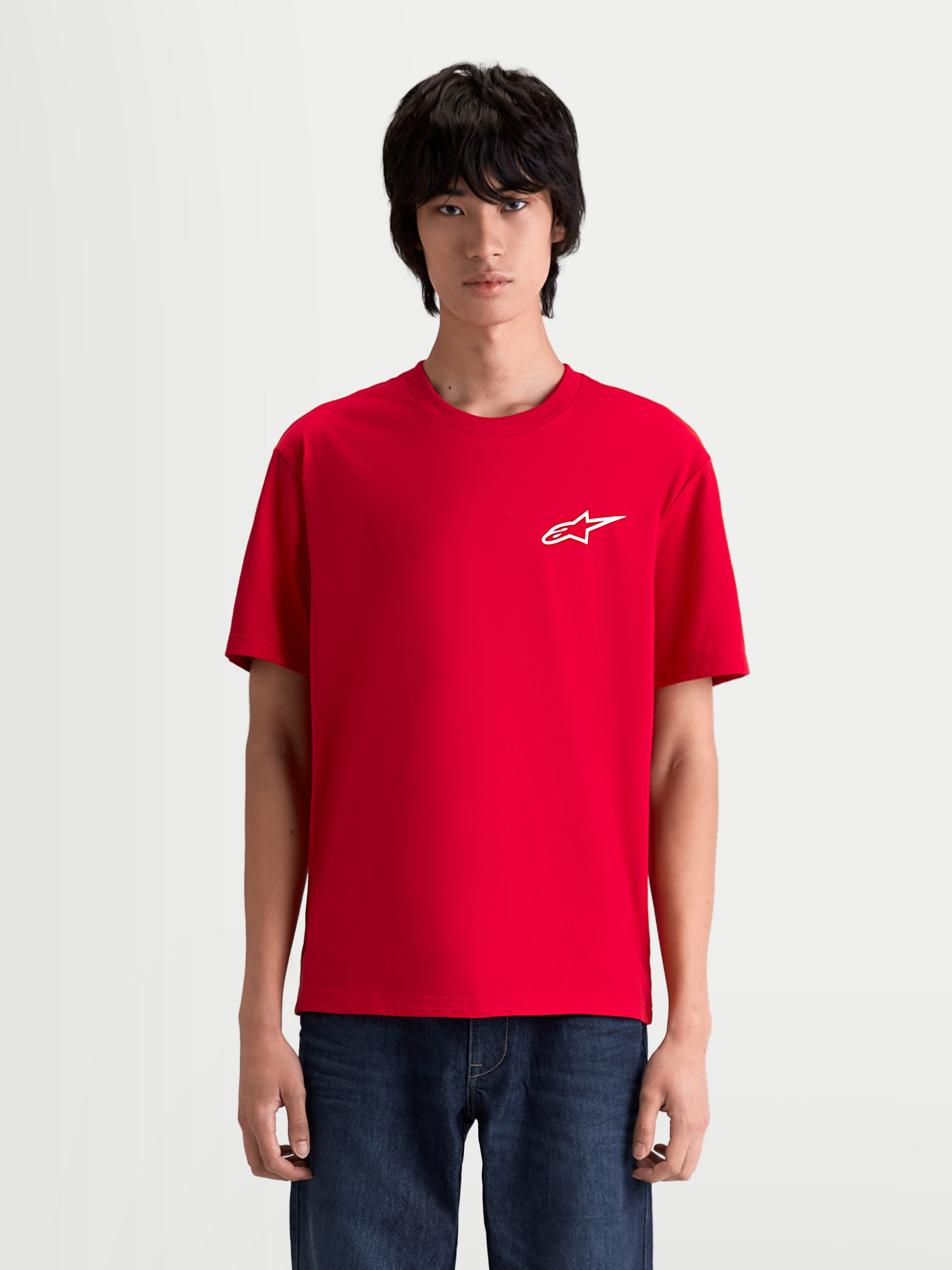 Alpinestars Combo Back CSF Tee, Short Sleeve Sportswear T-shirt, Men's Casual Apparel, Red with White Astars chest logo, cotton-poly blend construction, motorsport-inspired design.