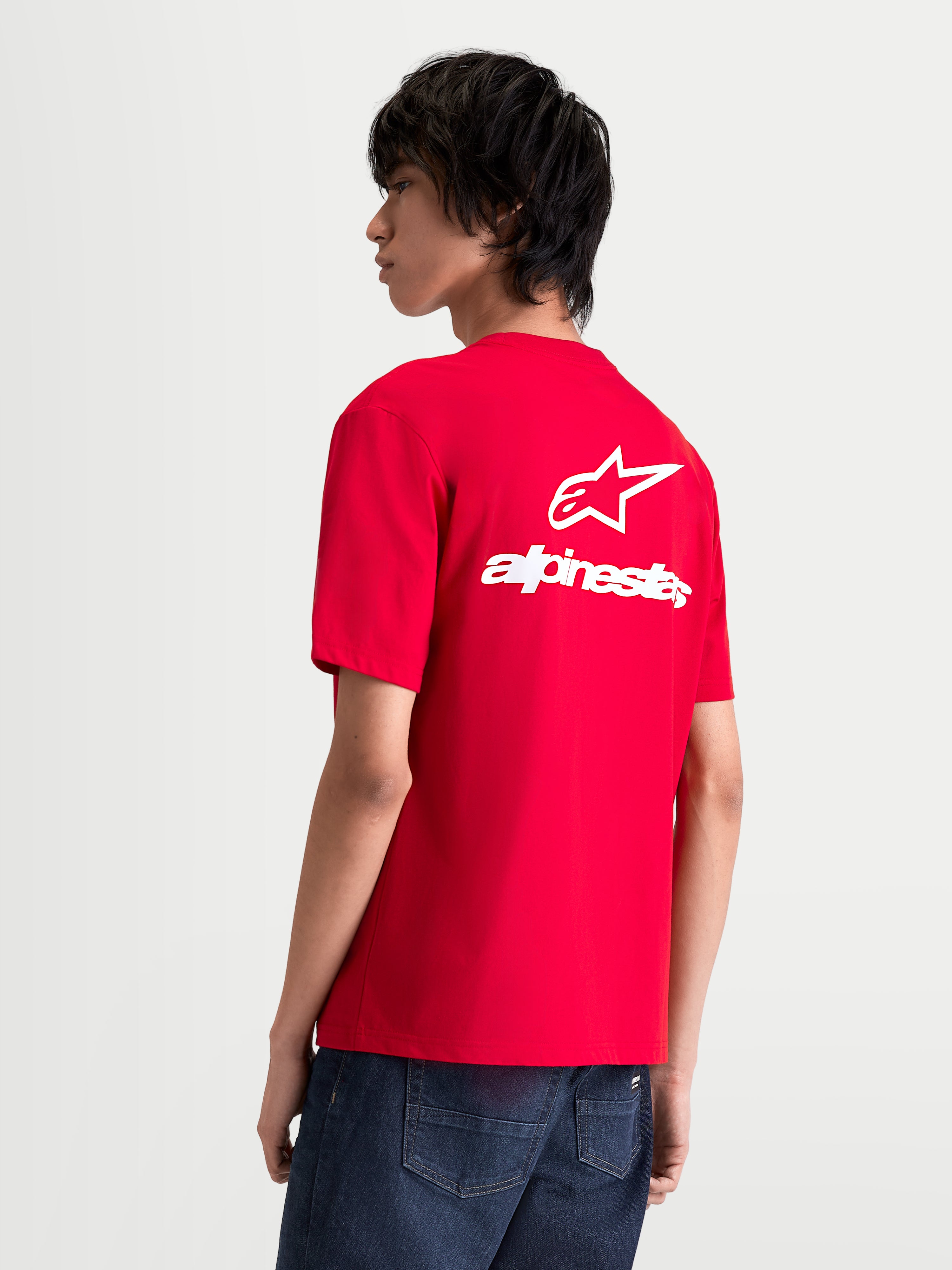 Alpinestars Combo Back CSF T-Shirt, Herren-Kurzarm-Sportswear-T-Shirt, Rot und Weiß, mit großem weißem Astars-Logo und Branding auf dem Rücken, weiche Soft-Hand-Print-Grafik, Baumwoll-Polyester-Mischung.