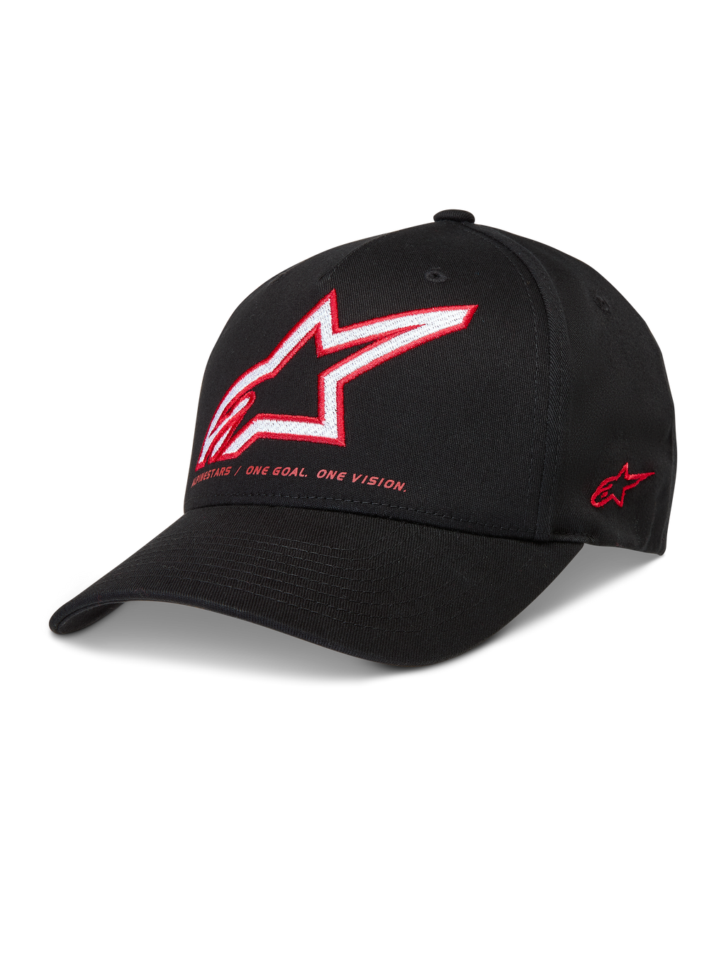 Alpinestars Lineout Kappe, schwarze Twill-Baseballkappe mit rot-weißer Astars-Logostickerei und gebogenem Schirm.
