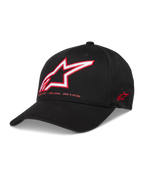 Alpinestars Lineout Kappe, schwarze Twill-Baseballkappe mit rot-weißer Astars-Logostickerei und gebogenem Schirm.