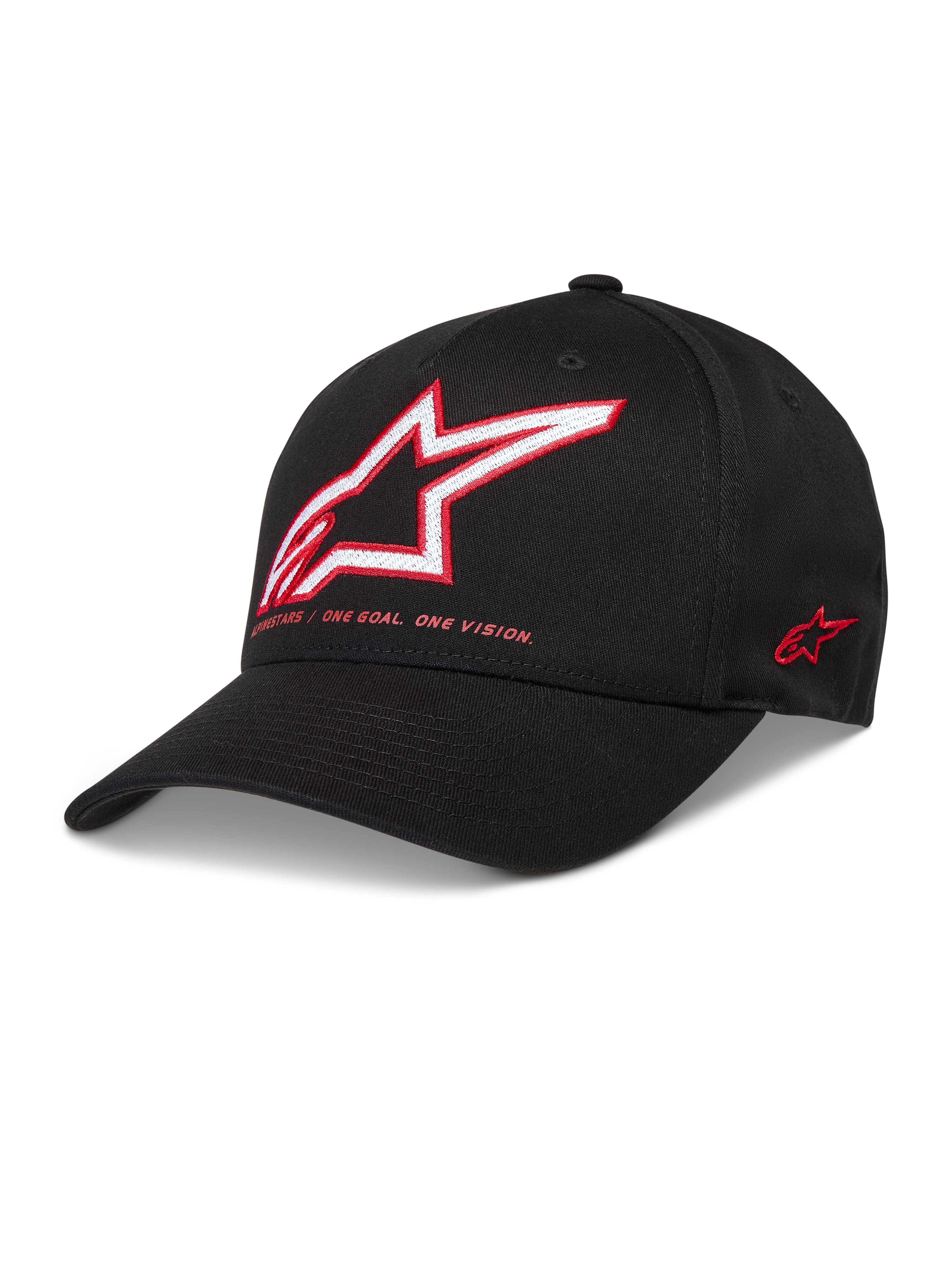 Alpinestars Lineout Kappe, schwarze Twill-Baseballkappe mit rot-weißer Astars-Logostickerei und gebogenem Schirm.