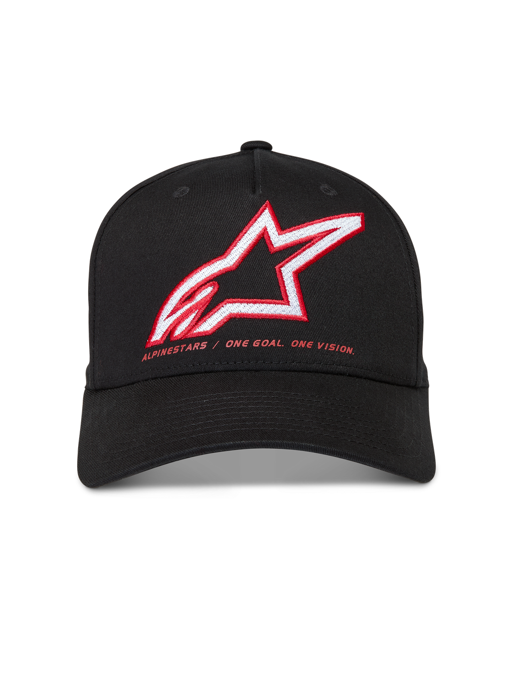 Alpinestars Lineout Kappe, schwarze Twill-Baseballkappe mit rot-weißem Astars-Logo und Markenmotto, Motorsport-Lifestyle.
