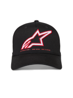 Alpinestars Lineout Kappe, schwarze Twill-Baseballkappe mit rot-weißem Astars-Logo und Markenmotto, Motorsport-Lifestyle.