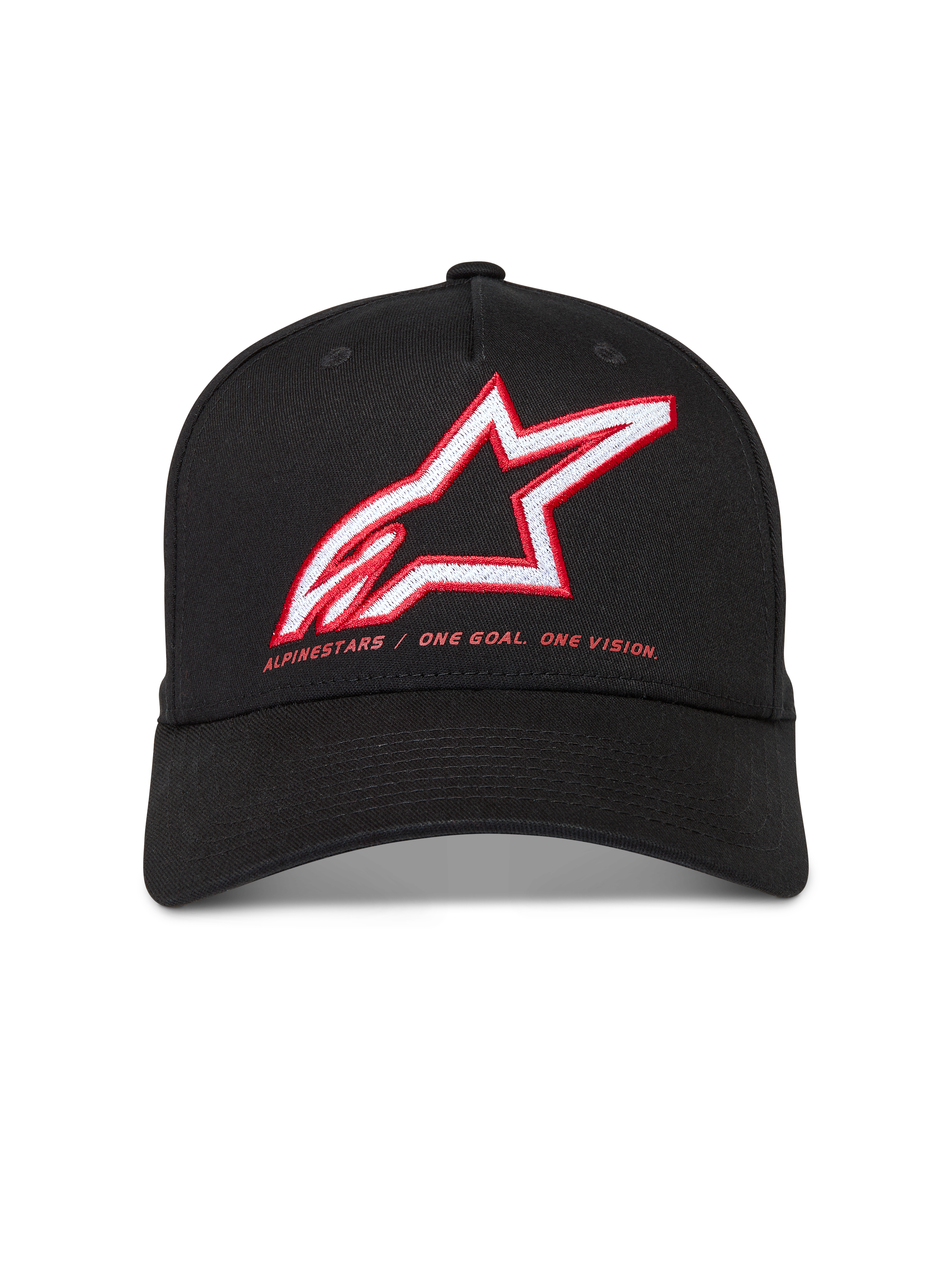 Alpinestars Lineout Kappe, schwarze Twill-Baseballkappe mit rot-weißem Astars-Logo und Markenmotto, Motorsport-Lifestyle.