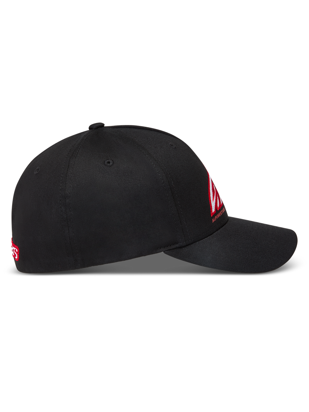 Alpinestars Lineout Kappe, schwarze Sportswear-Cap, gebogener Schirm, strukturierte Krone, rot-weiße Logo-Stickerei, Twill.