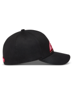 Alpinestars Lineout Kappe, schwarze Sportswear-Cap, gebogener Schirm, strukturierte Krone, rot-weiße Logo-Stickerei, Twill.