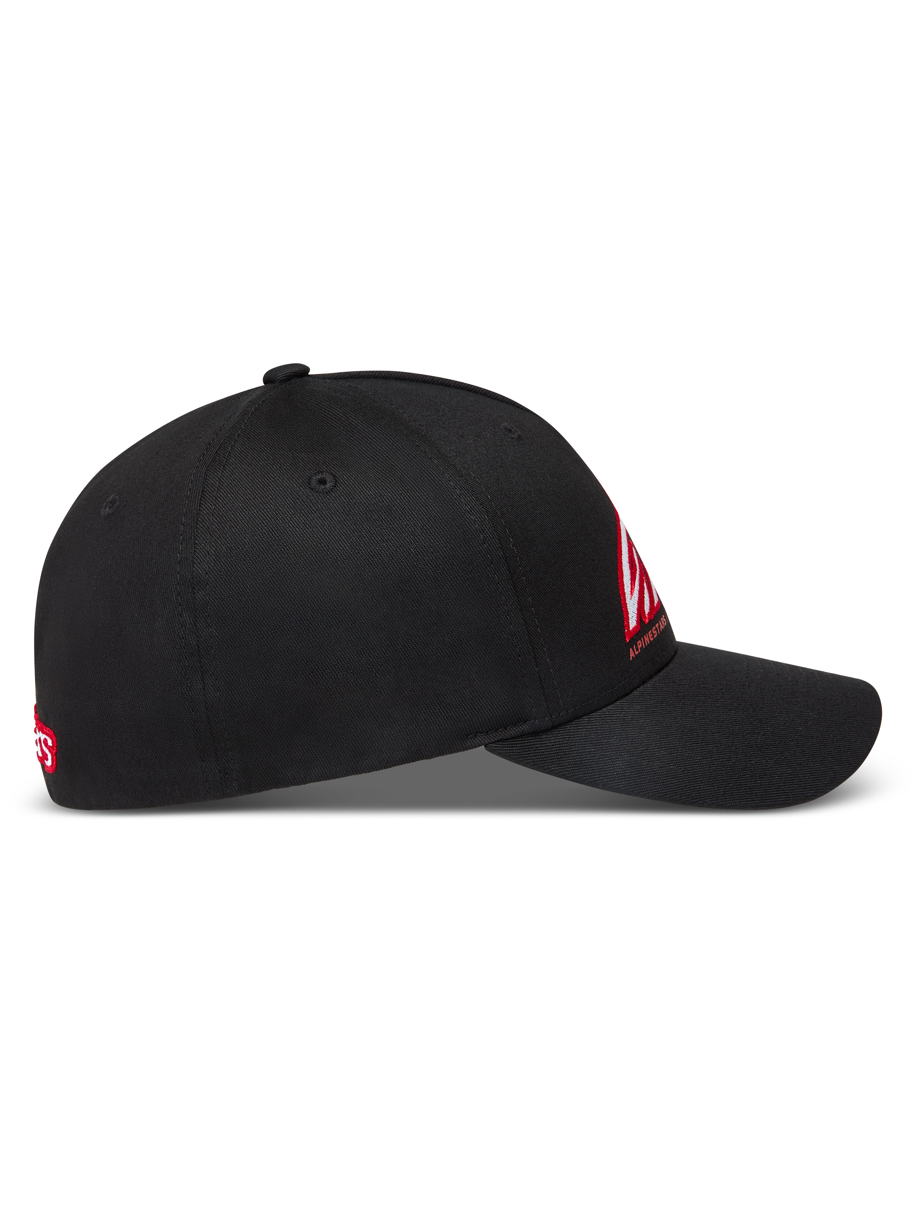 Alpinestars Lineout Kappe, schwarze Sportswear-Cap, gebogener Schirm, strukturierte Krone, rot-weiße Logo-Stickerei, Twill.