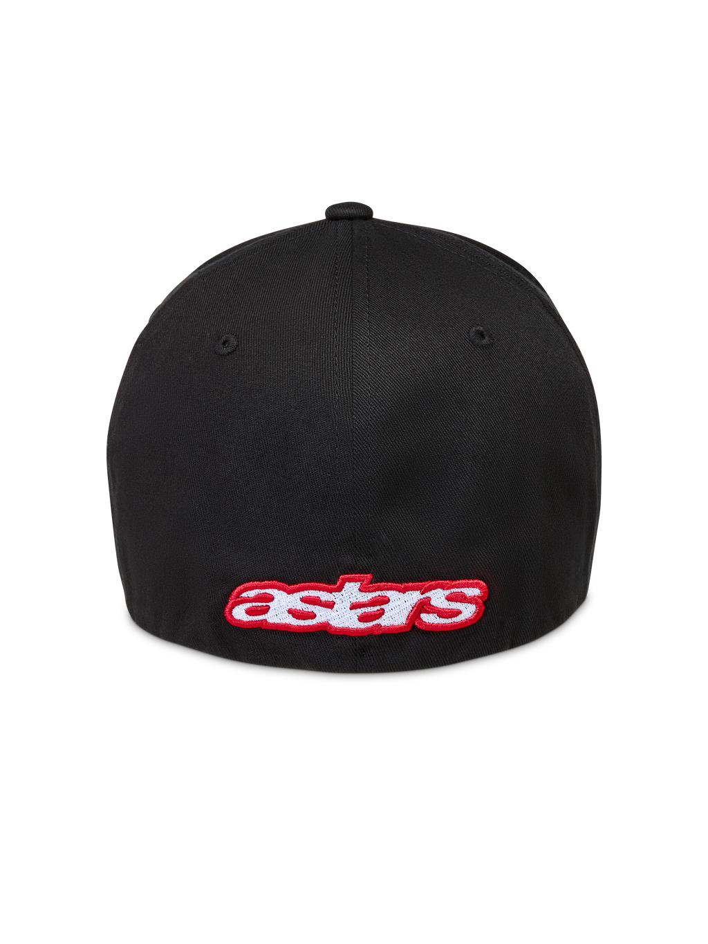Alpinestars Lineout Kappe, schwarze Twill-Sportswear-Kappe mit rot-weißer Astars-Logo-Stickerei auf der Rückseite.