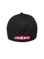 Alpinestars Lineout Kappe, schwarze Twill-Sportswear-Kappe mit rot-weißer Astars-Logo-Stickerei auf der Rückseite.