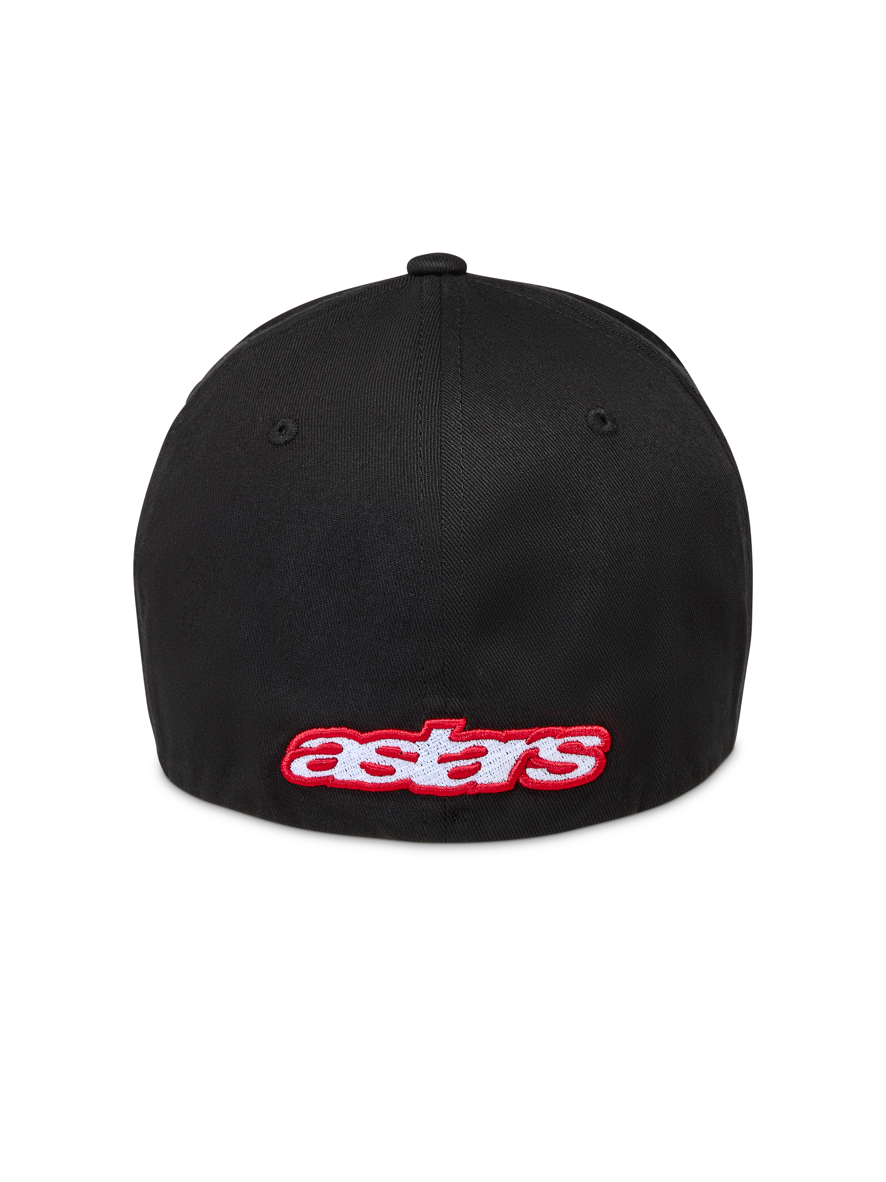Alpinestars Lineout Kappe, schwarze Twill-Sportswear-Kappe mit rot-weißer Astars-Logo-Stickerei auf der Rückseite.