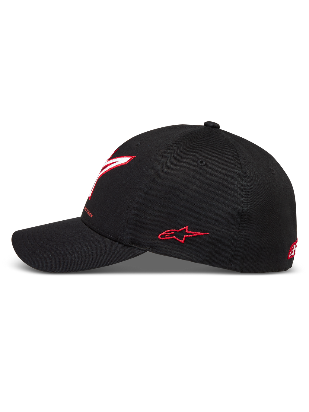 Alpinestars Lineout Kappe, schwarze Motorsport-Kappe aus Twill mit gebogenem Schirm und roten Astars-Logostickereien.