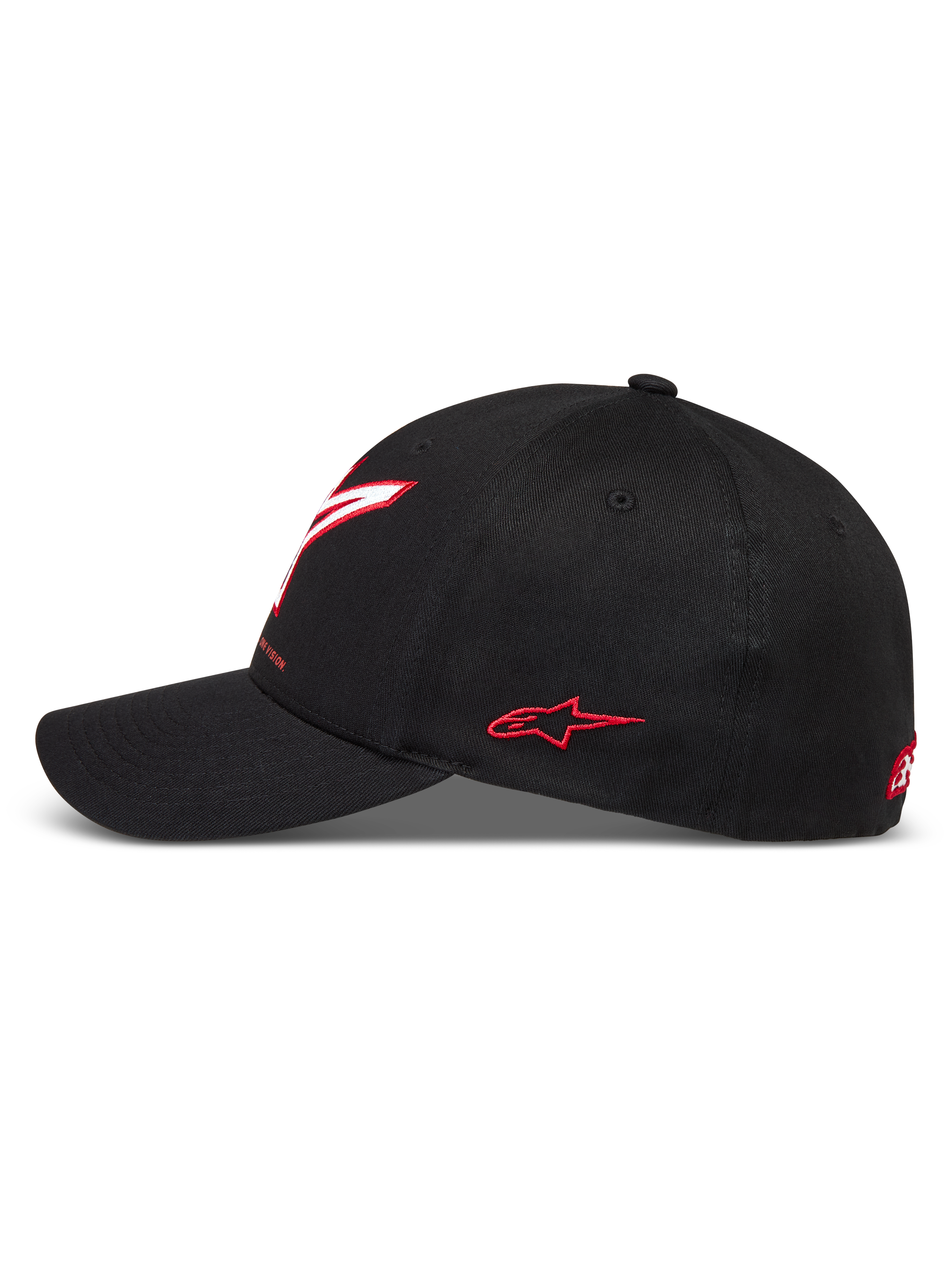 Alpinestars Lineout Kappe, schwarze Motorsport-Kappe aus Twill mit gebogenem Schirm und roten Astars-Logostickereien.