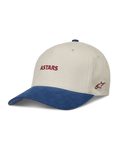 Alpinestars County Canvas Kappe, sand-blaue Sportswear-Cap mit gebogenem Schirm und roter Astars-Logo-Stickerei.