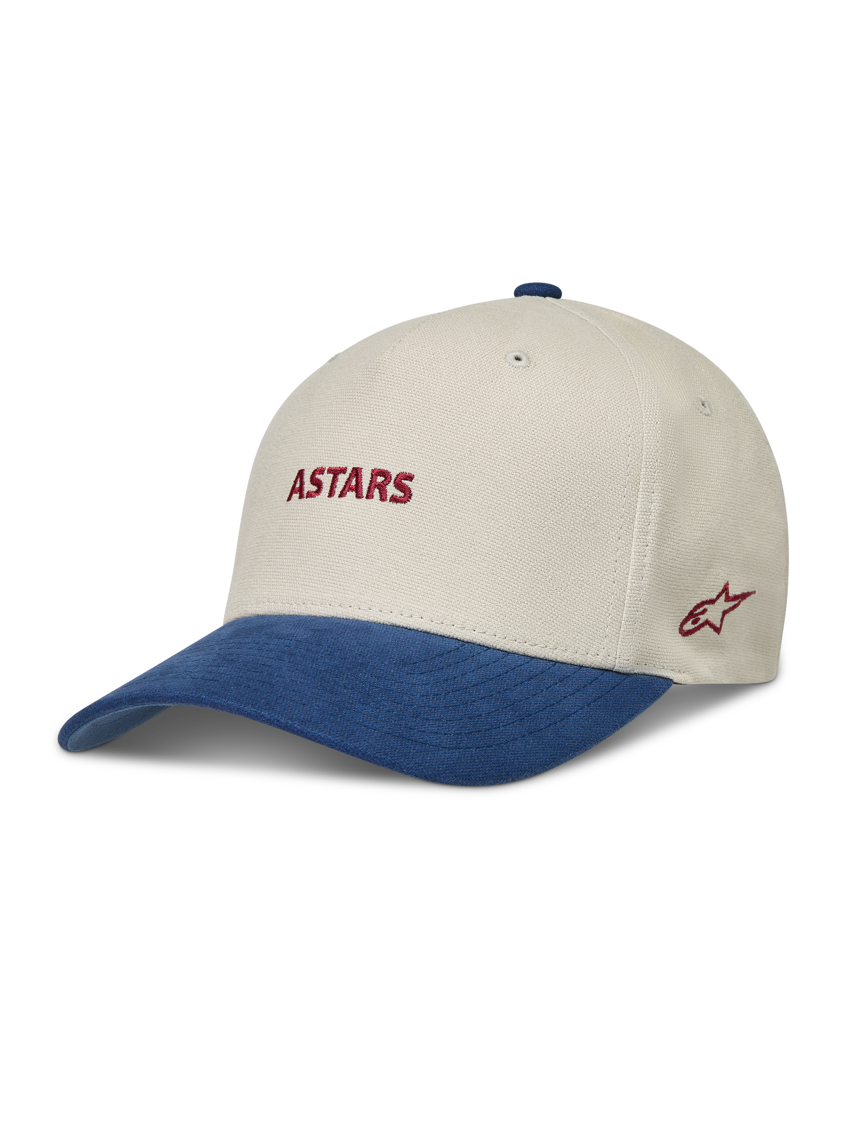 Alpinestars County Canvas Kappe, sand-blaue Sportswear-Cap mit gebogenem Schirm und roter Astars-Logo-Stickerei.