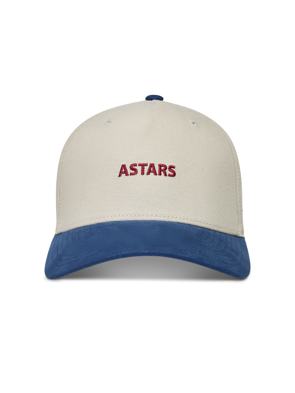 Alpinestars County Canvas Kappe, Sportswear-Kappe in Sand und Blau mit roter Astars-Logo-Stickerei und gebogenem Schirm.
