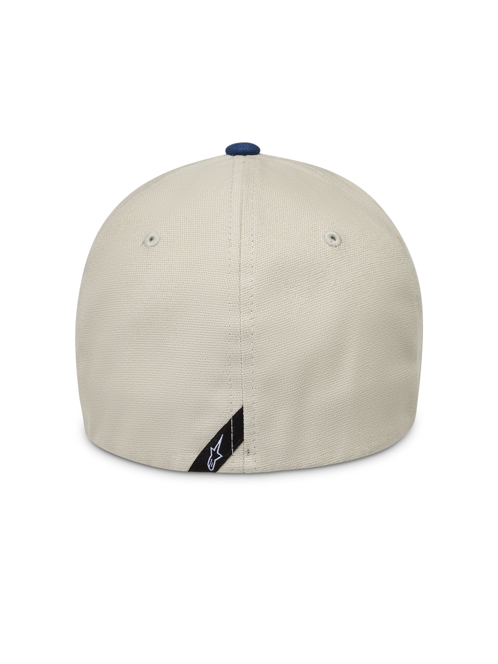 Alpinestars County Canvas Kappe, Sportswear-Kappe in Sand und Blau, Rückansicht mit Flex-Rückseite und Oxford-Peach-Gewebe.