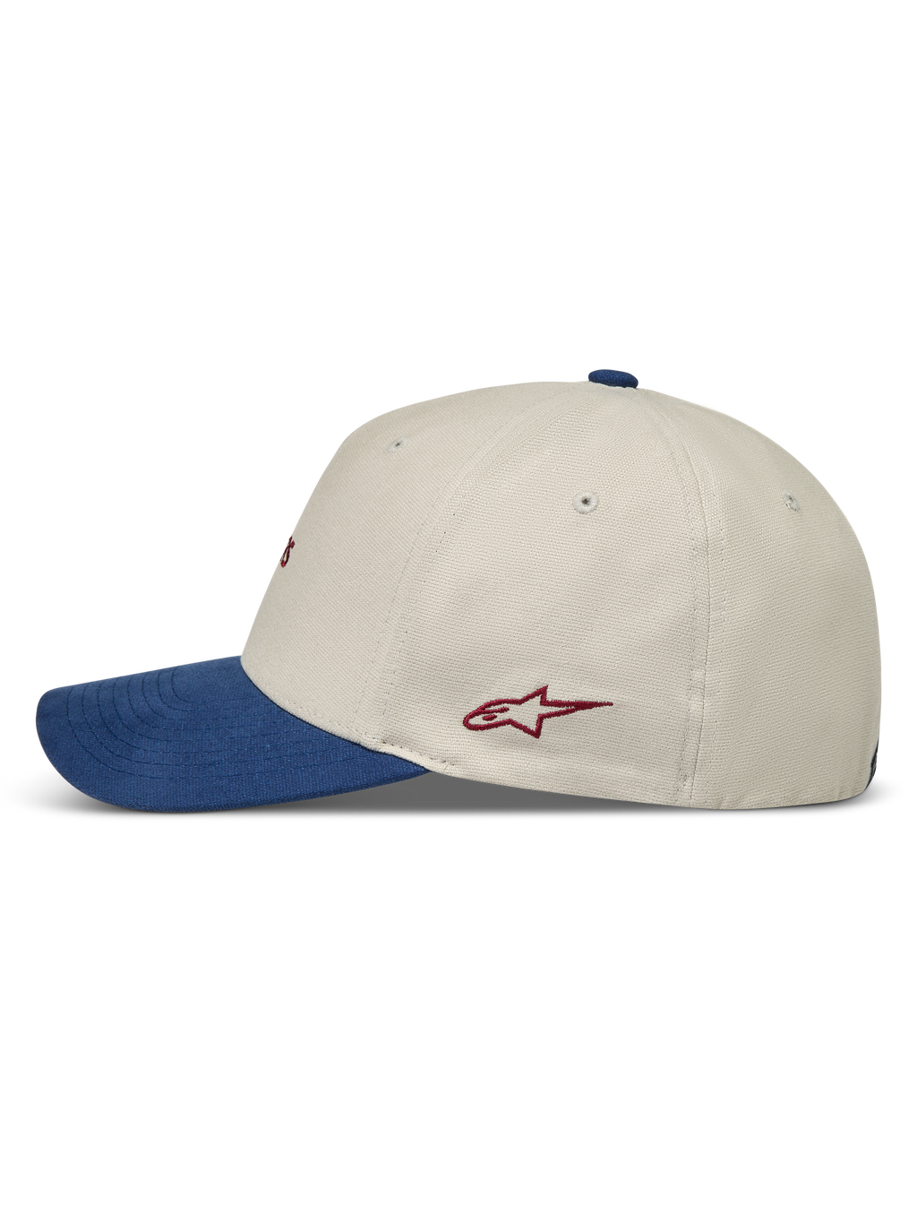 Alpinestars County Canvas Kappe in Sand und Blau, Sportswear-Kappe mit gebogenem Schirm und rotem Logo, Seitenansicht.