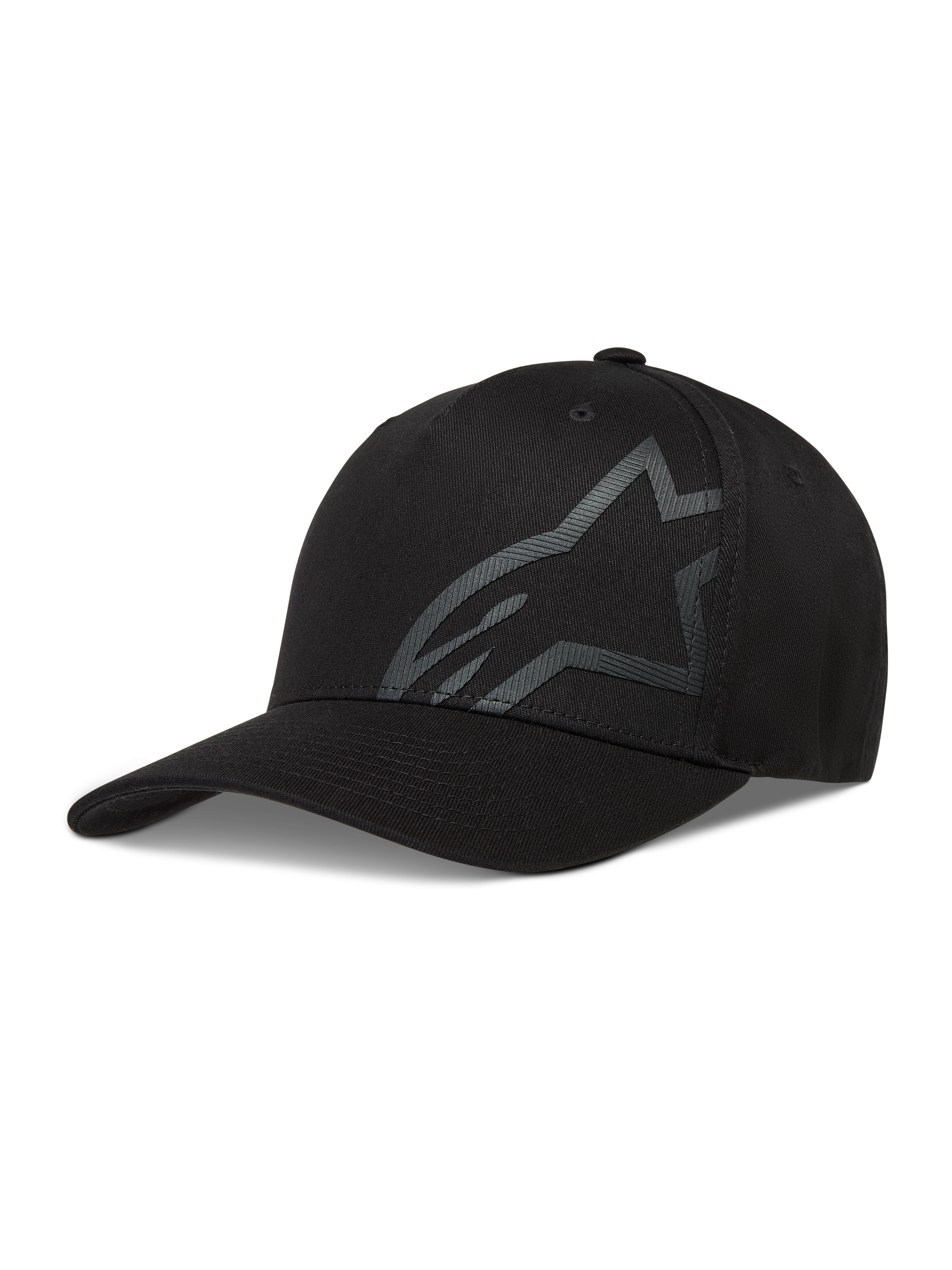 Alpinestars Maze Kappe, Sportswear-Baseballkappe, Schwarz, Twill mit strukturiertem Astars-Logo, Schirm und Flex-Rückseite