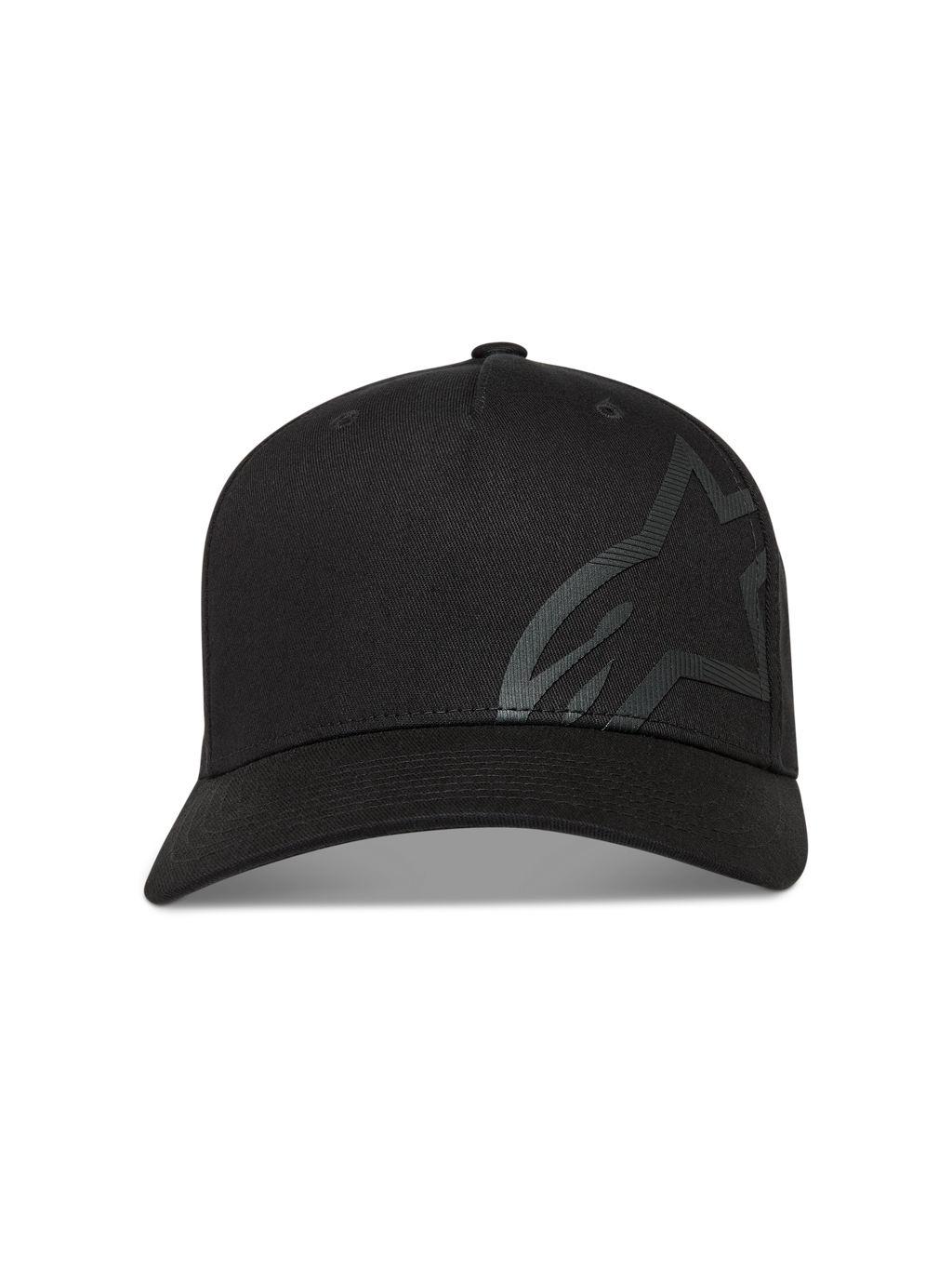 Alpinestars Maze Kappe, Sportswear-Kappe, Schwarz, Twill-Material, gebogener Schirm und großes strukturiertes Astars-Logo.