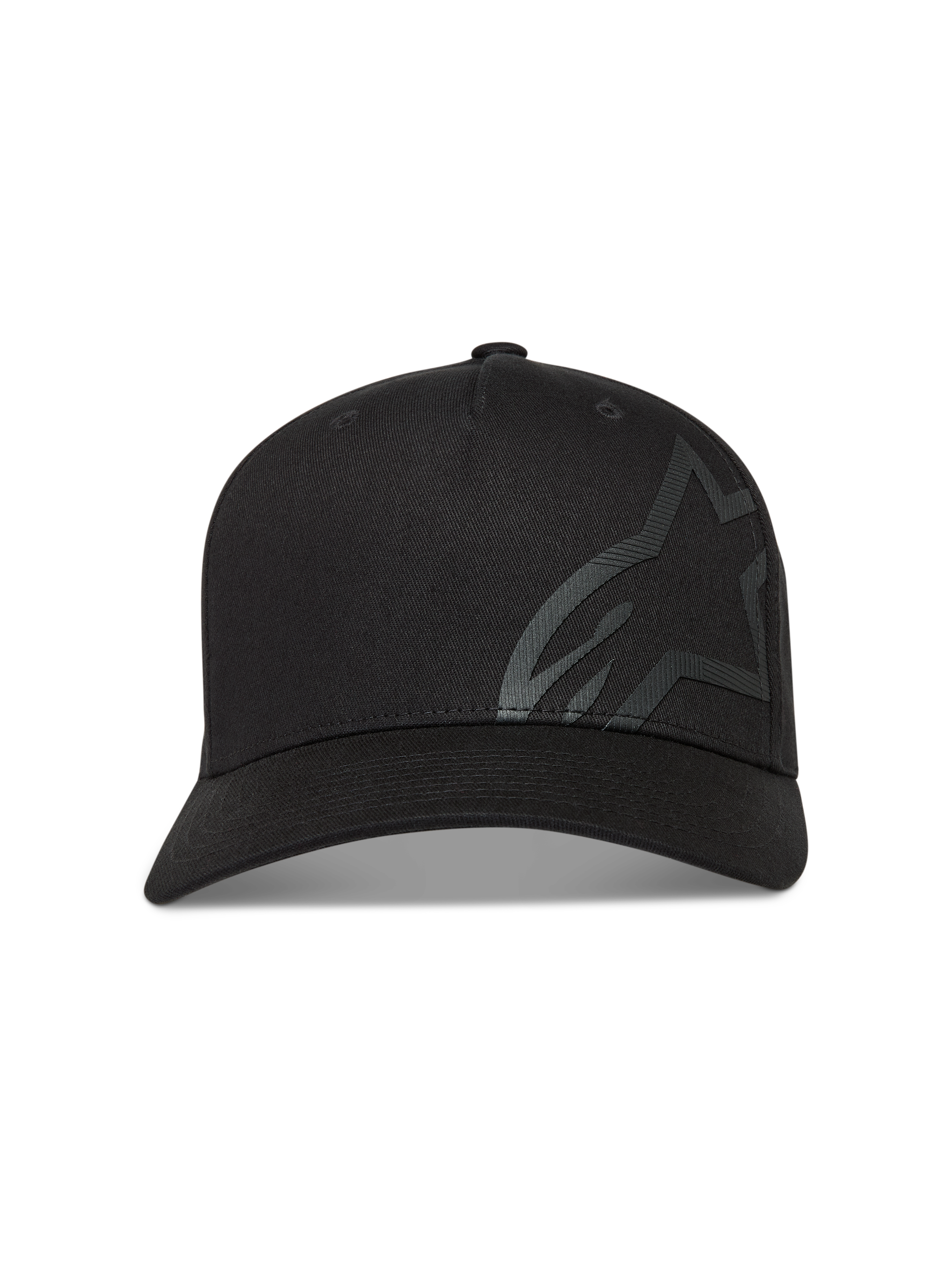 Alpinestars Maze Kappe, Sportswear-Kappe, Schwarz, Twill-Material, gebogener Schirm und großes strukturiertes Astars-Logo.