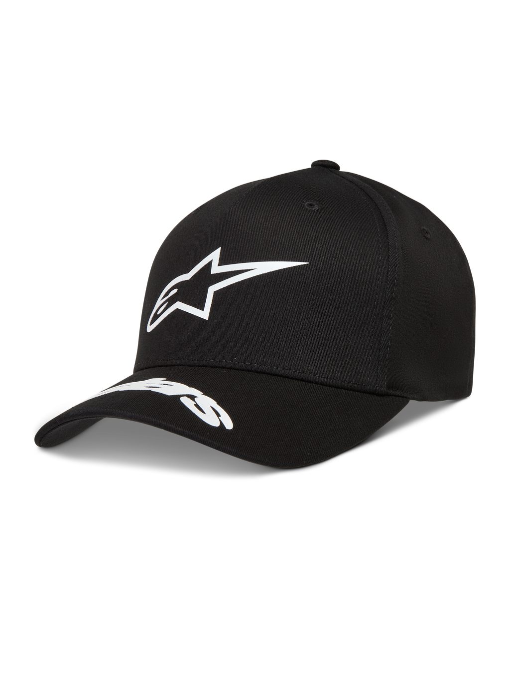 Alpinestars Arclight Kappe, Sportswear, Schwarz und Weiß, Twill, Puff-Druck Astars-Logo und Wortlogo auf dem gebogenen Schirm.