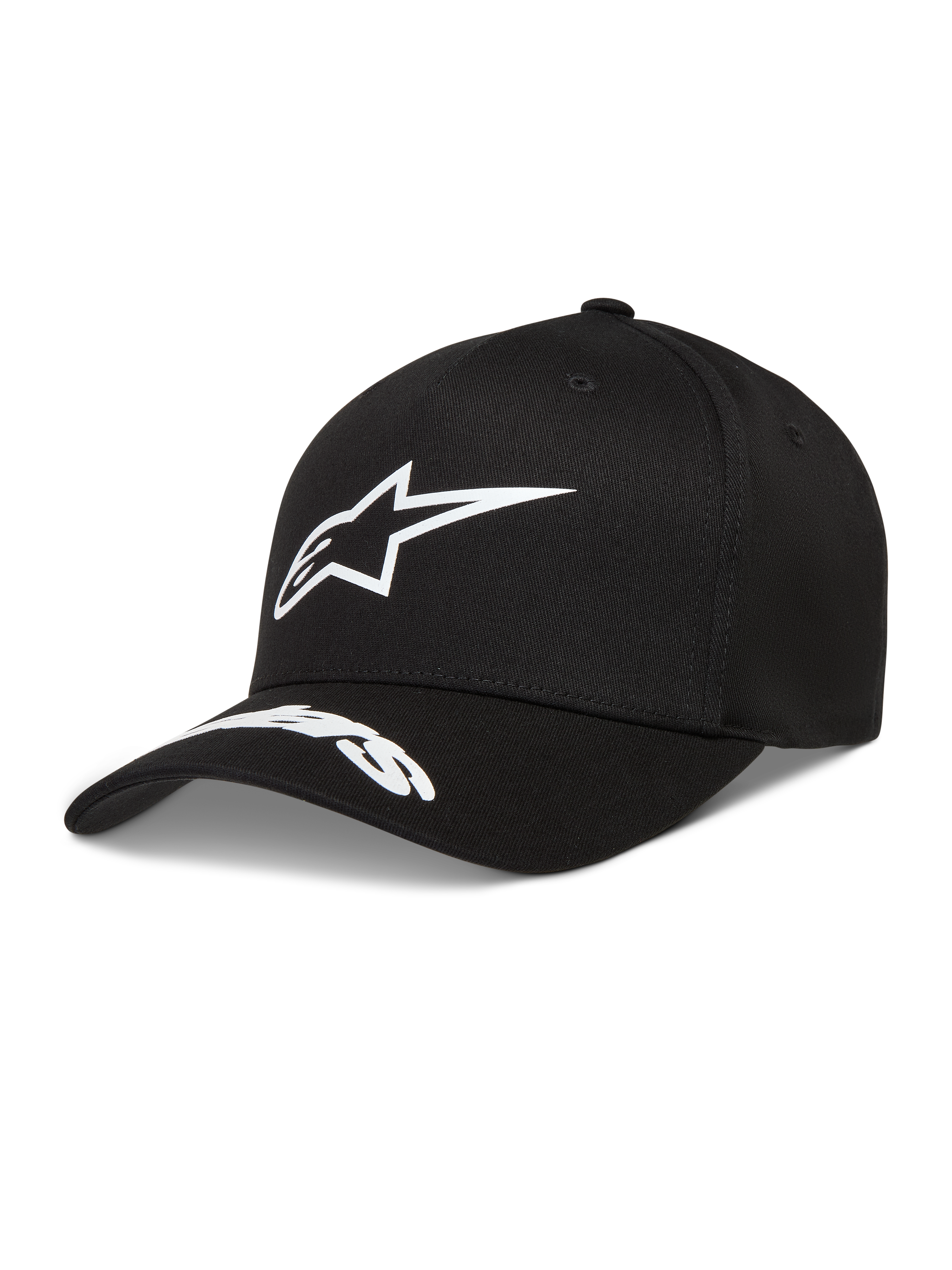 Alpinestars Arclight Kappe, Sportswear, Schwarz und Weiß, Twill, Puff-Druck Astars-Logo und Wortlogo auf dem gebogenen Schirm.