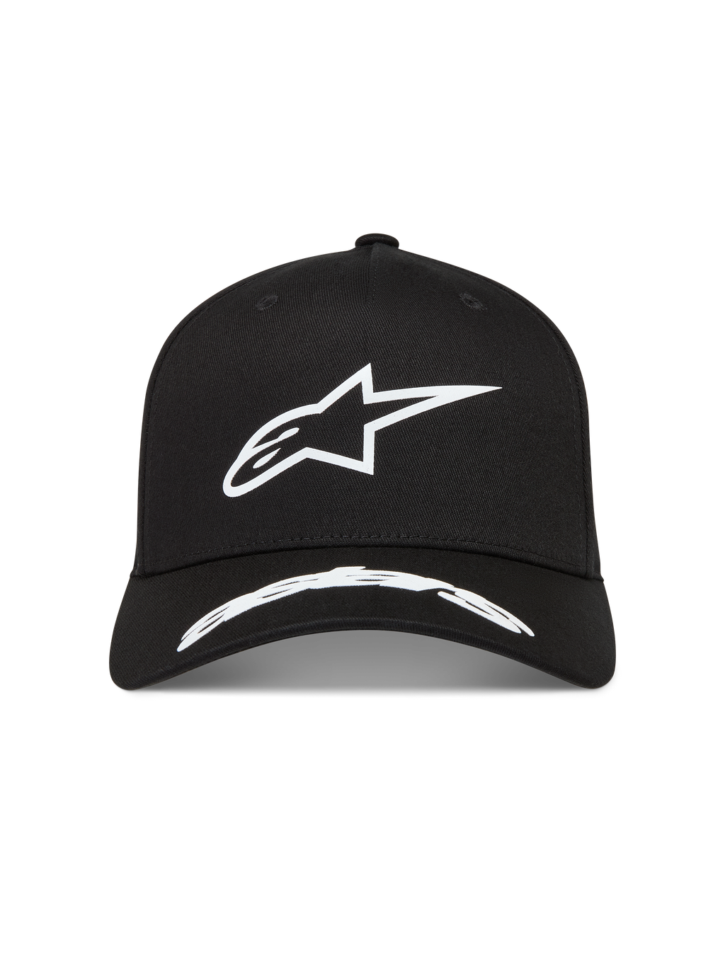 Alpinestars Arclight Kappe, schwarze Sportswear-Kappe aus Twill mit weißem strukturiertem Puff-Druck Astars-Logo und gebogenem Schirm.