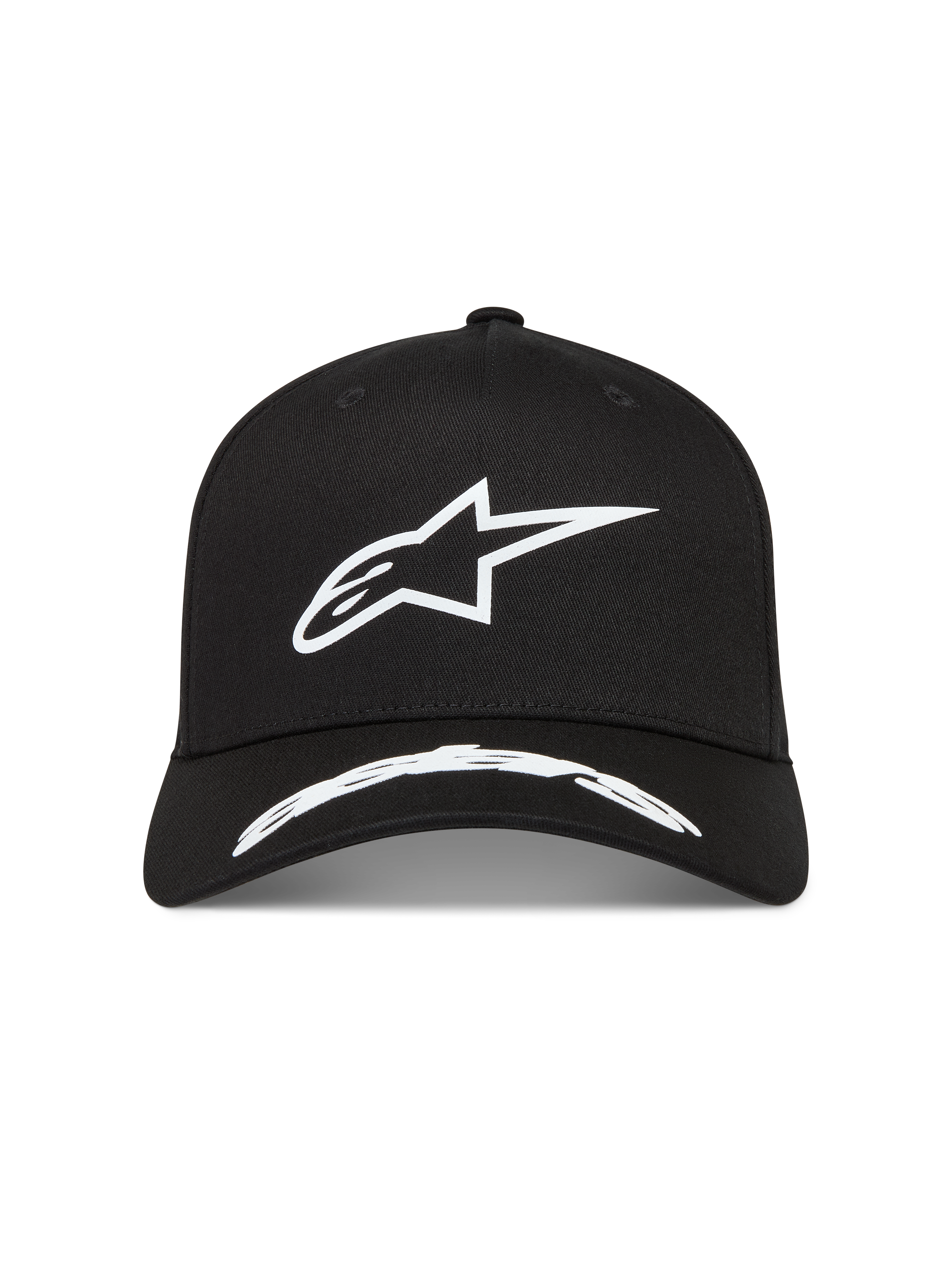 Alpinestars Arclight Kappe, schwarze Sportswear-Kappe aus Twill mit weißem strukturiertem Puff-Druck Astars-Logo und gebogenem Schirm.