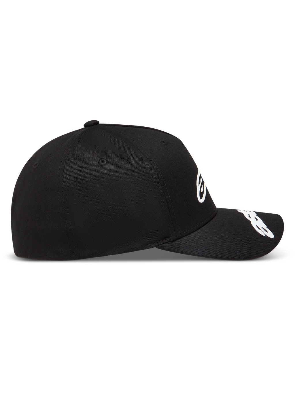 Alpinestars Arclight Kappe, schwarze Sportswear-Kappe mit weißen Puff-Druck-Logos auf Front und Visier, strukturierte Krone.