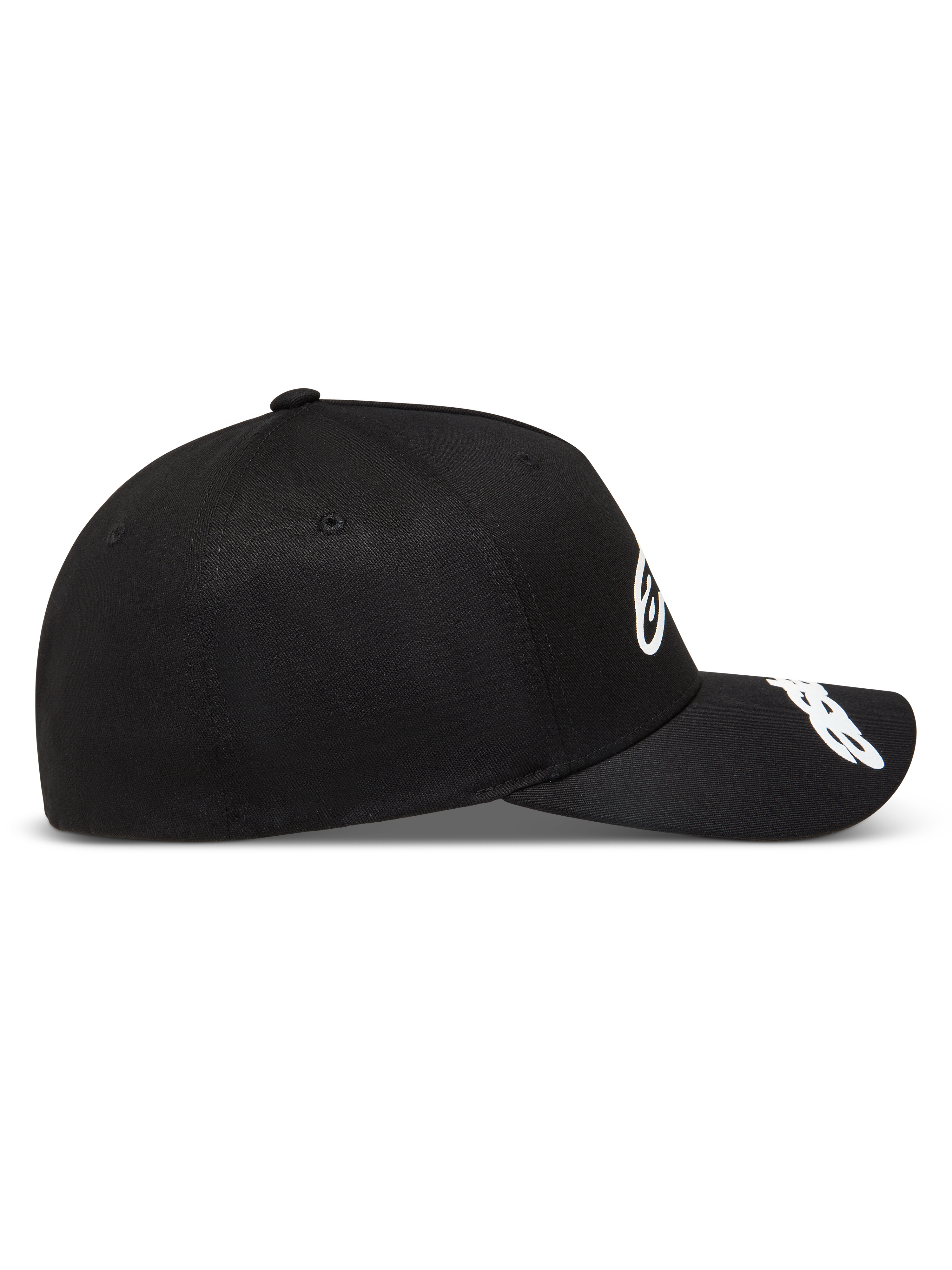 Alpinestars Arclight Kappe, schwarze Sportswear-Kappe mit weißen Puff-Druck-Logos auf Front und Visier, strukturierte Krone.
