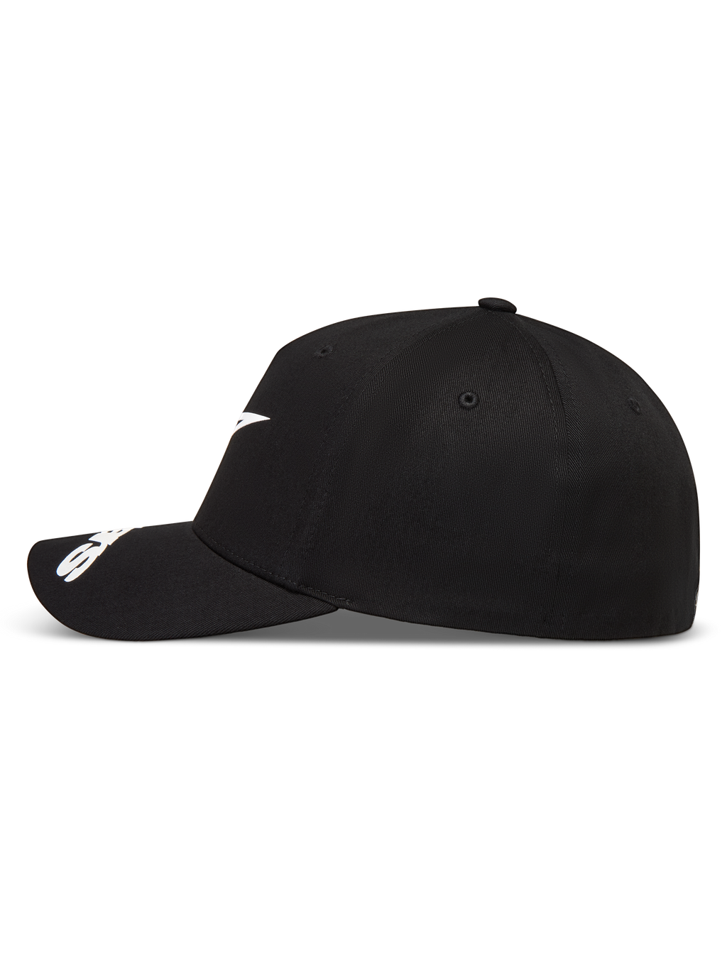 Alpinestars Arclight Kappe, schwarze Sportswear-Kappe, Seitenansicht mit weißem Logo, gebogenem Schirm und strukturierter Krone.