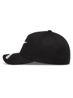 Alpinestars Arclight Kappe, schwarze Sportswear-Kappe, Seitenansicht mit weißem Logo, gebogenem Schirm und strukturierter Krone.