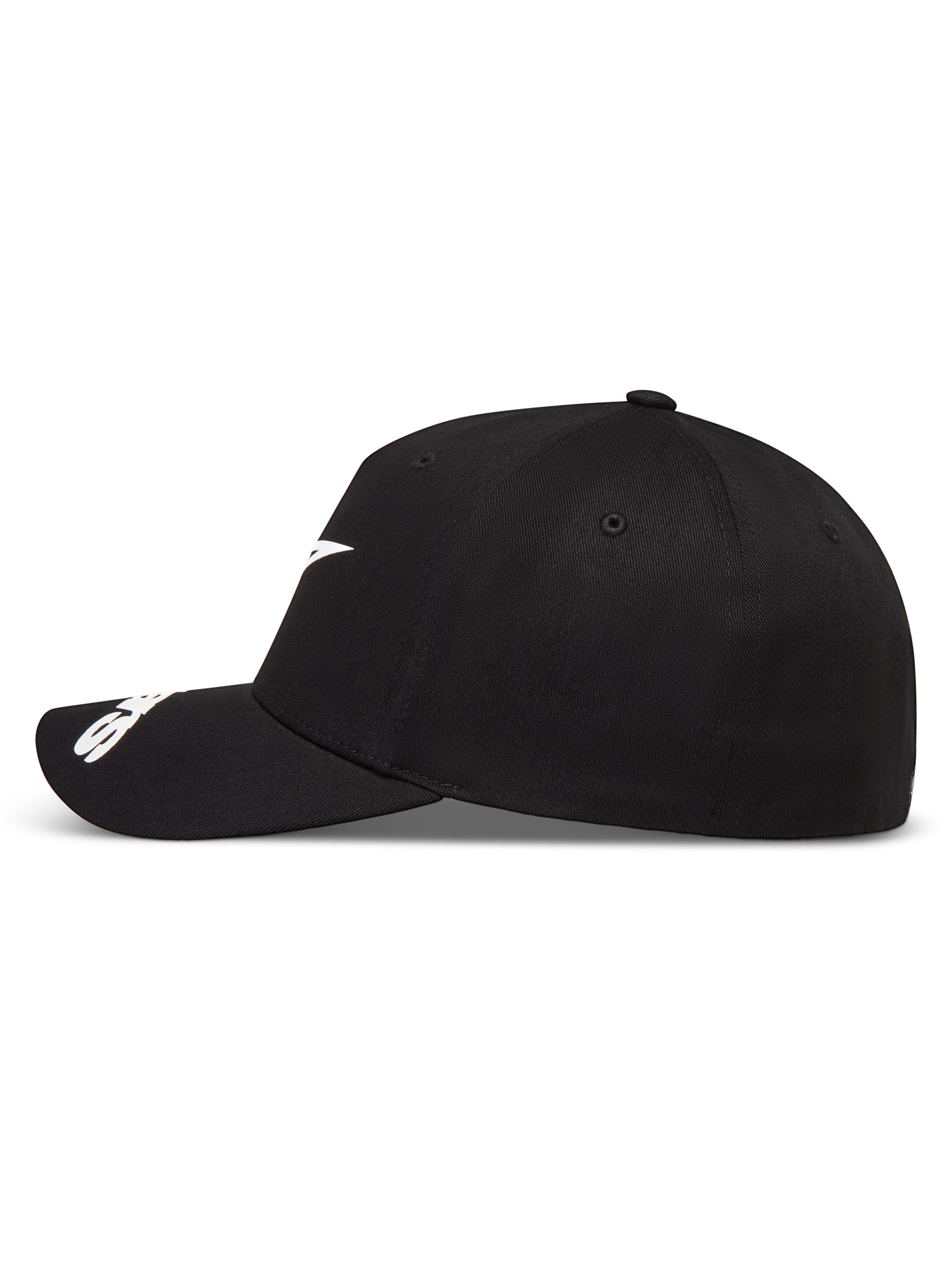 Alpinestars Arclight Kappe, schwarze Sportswear-Kappe, Seitenansicht mit weißem Logo, gebogenem Schirm und strukturierter Krone.