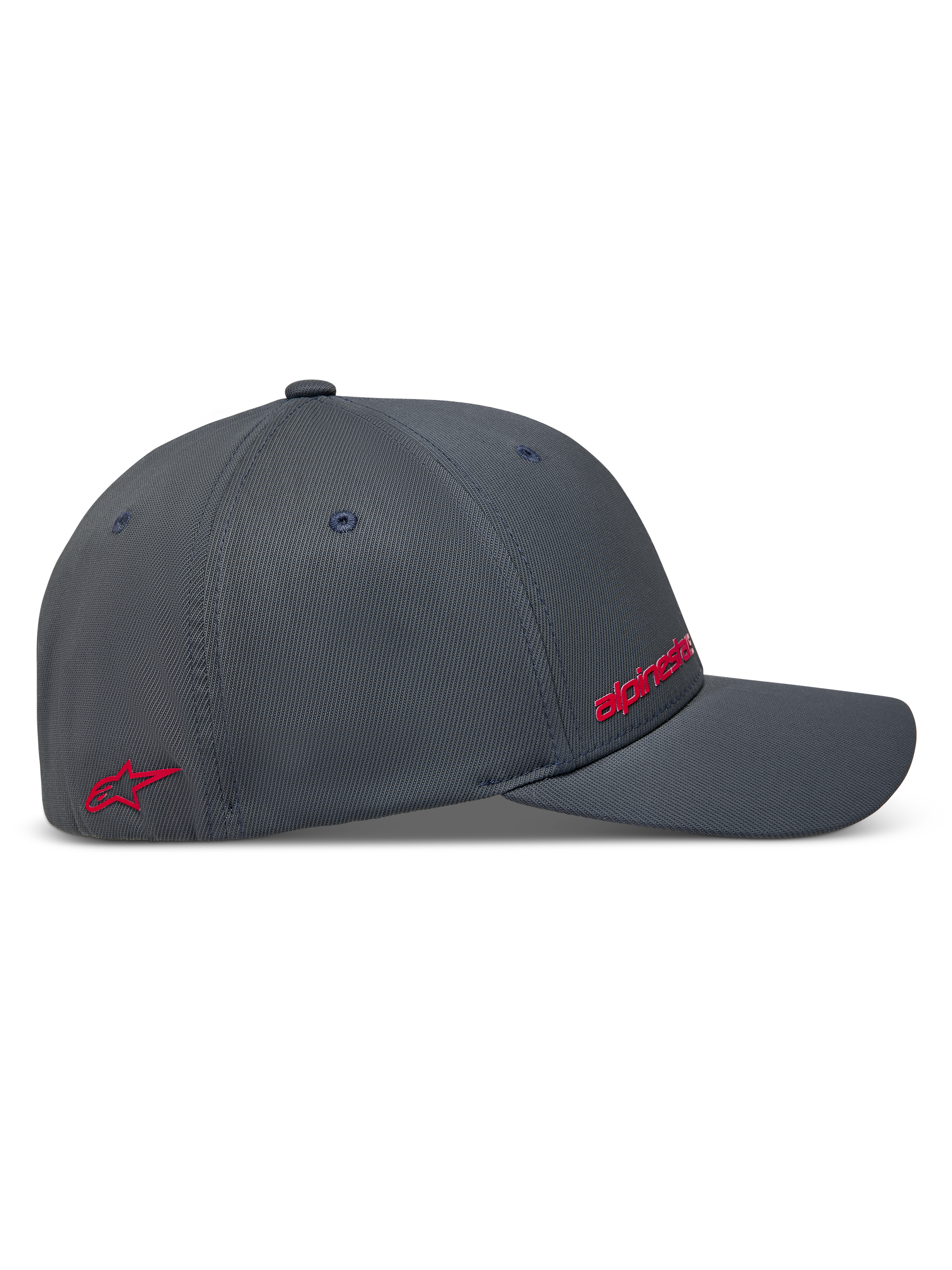 Alpinestars Points Kappe, dunkelgraue Sportswear-Kappe aus Nylon-Tactel mit roten HD-Druck-Logos, Seitenansicht.