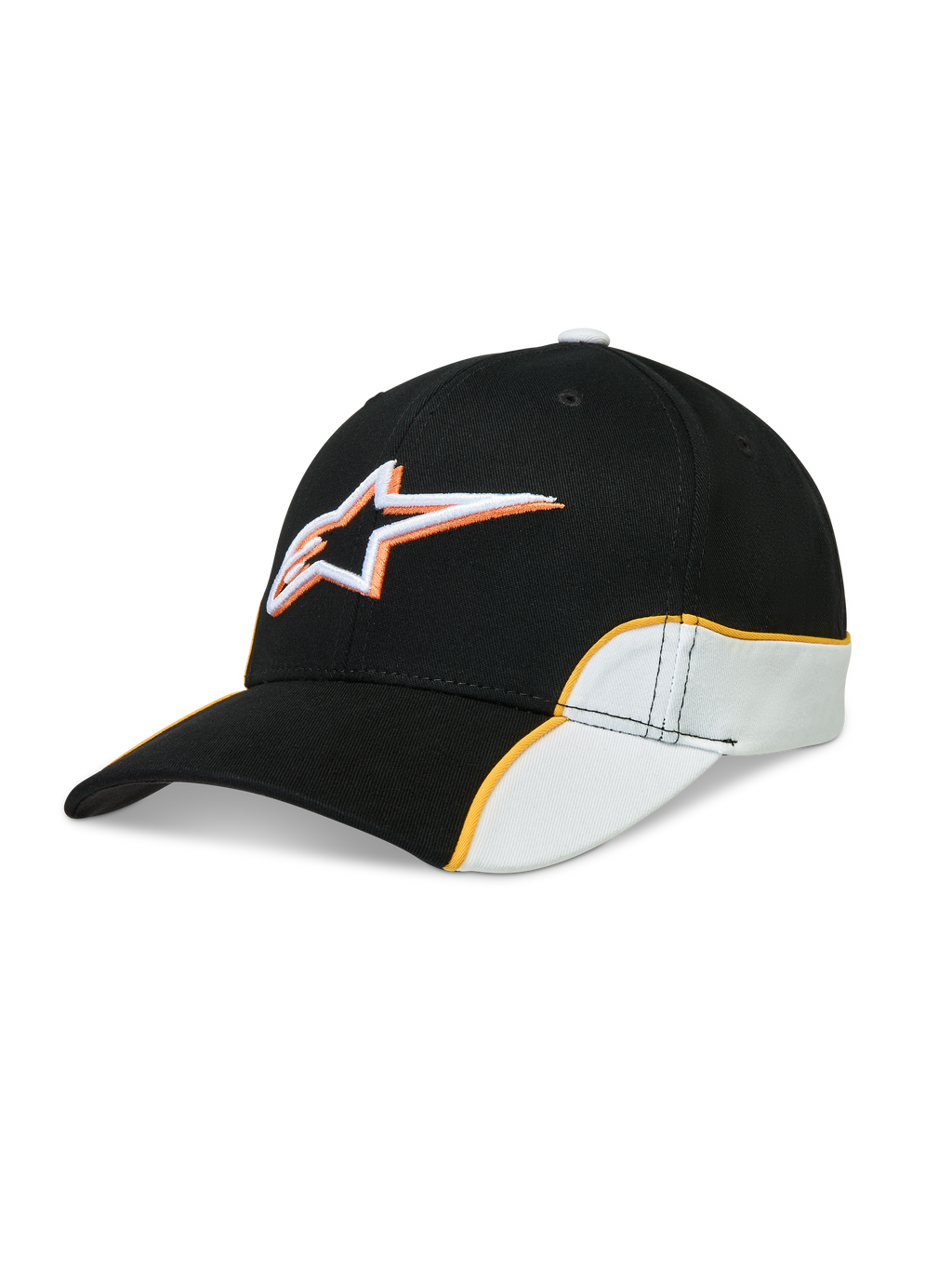 Alpinestars 500 Snapback Kappe, Sportswear-Baseball-Cap, Unisex, Schwarz und Weiß mit orangefarbener Kontrastpaspelierung, gebogener Schirm, strukturierte Krone und 3D-Astars-Logostickerei, Baumwoll-Twill für den Motorsport-Lifestyle.