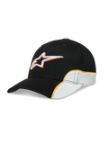 Alpinestars 500 Snapback Kappe, Sportswear-Baseball-Cap, Unisex, Schwarz und Weiß mit orangefarbener Kontrastpaspelierung, gebogener Schirm, strukturierte Krone und 3D-Astars-Logostickerei, Baumwoll-Twill für den Motorsport-Lifestyle.