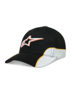 Alpinestars 500 Snapback Kappe, Sportswear-Baseball-Cap, Unisex, Schwarz und Weiß mit orangefarbener Kontrastpaspelierung, gebogener Schirm, strukturierte Krone und 3D-Astars-Logostickerei, Baumwoll-Twill für den Motorsport-Lifestyle.
