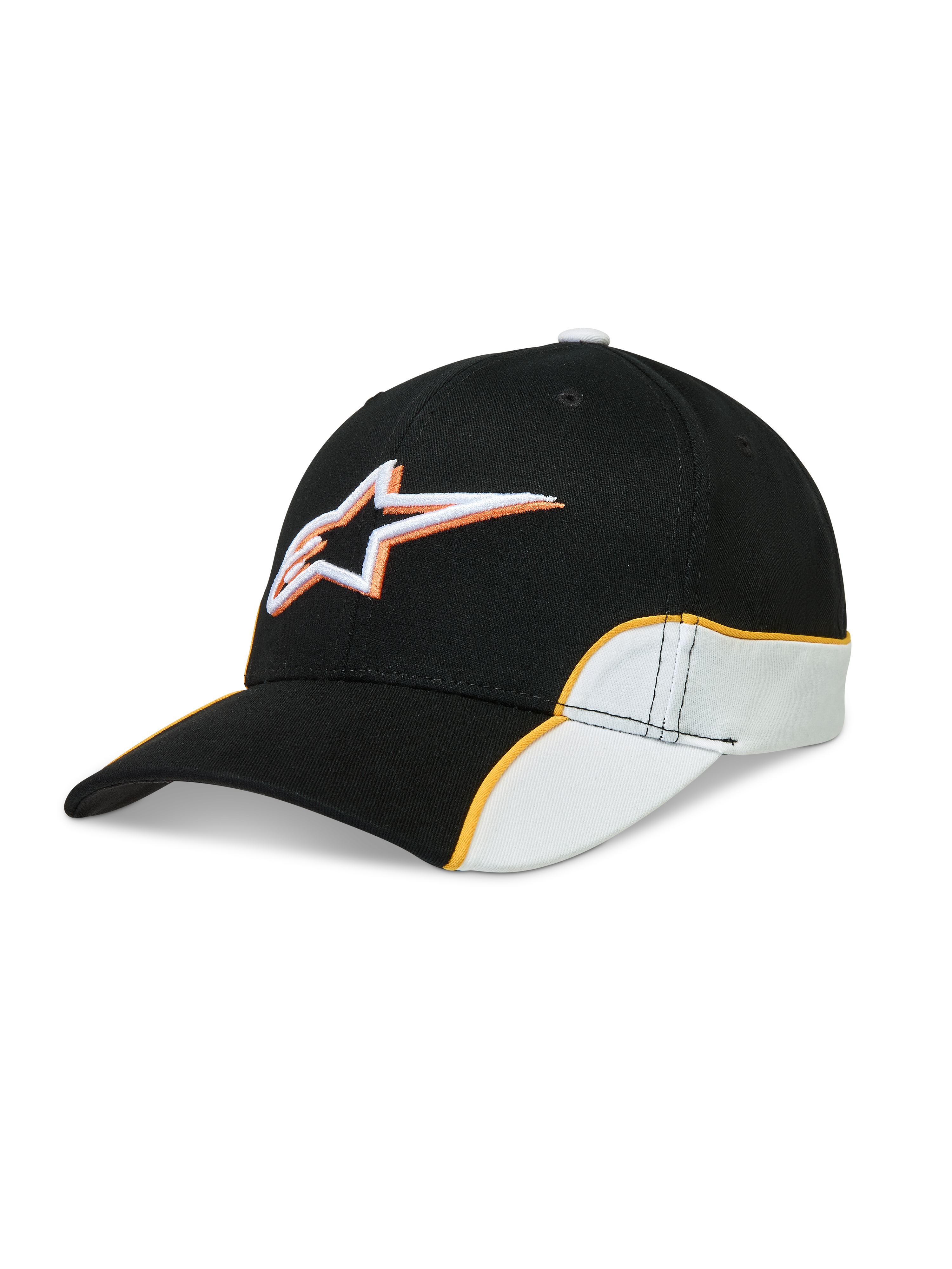 Alpinestars 500 Snapback Kappe, Sportswear-Baseball-Cap, Unisex, Schwarz und Weiß mit orangefarbener Kontrastpaspelierung, gebogener Schirm, strukturierte Krone und 3D-Astars-Logostickerei, Baumwoll-Twill für den Motorsport-Lifestyle.