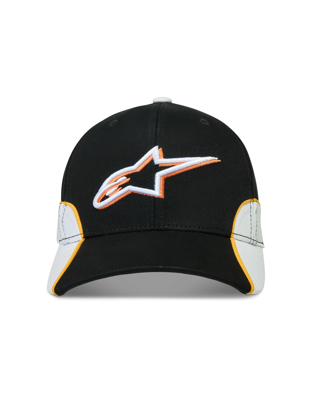 Alpinestars 500 Snapback Kappe, Motorsport-inspirierte Sportswear-Baseballkappe, Schwarz und Weiß mit orangefarbenen Akzenten, Baumwoll-Twill-Konstruktion, mit 3D-gesticktem Astars-Logo, gebogenem Schirm und strukturierter Krone.
